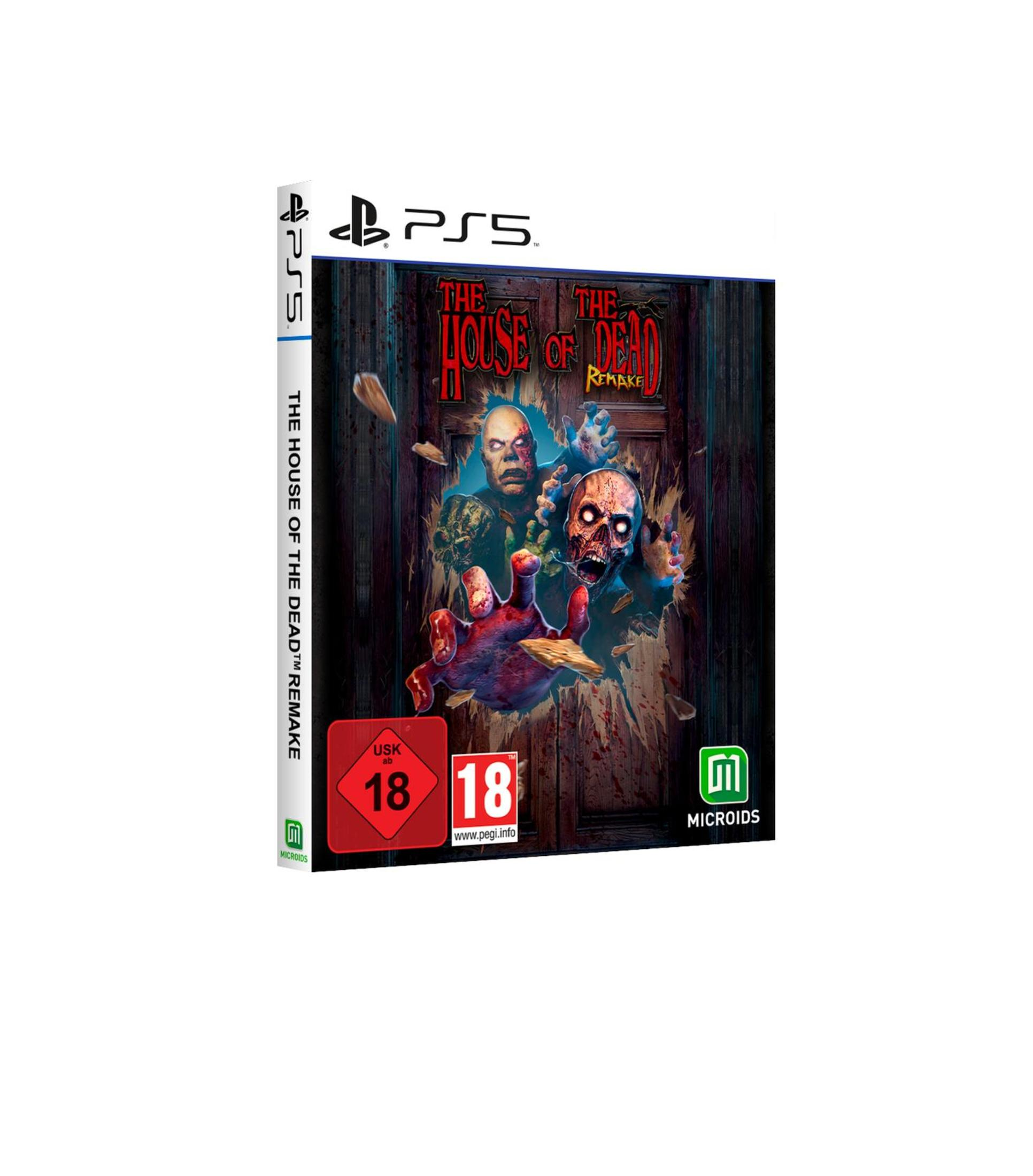The House of the Dead Remake PS5-Spielcover mit Zombies, die durch eine Holztür brechen.