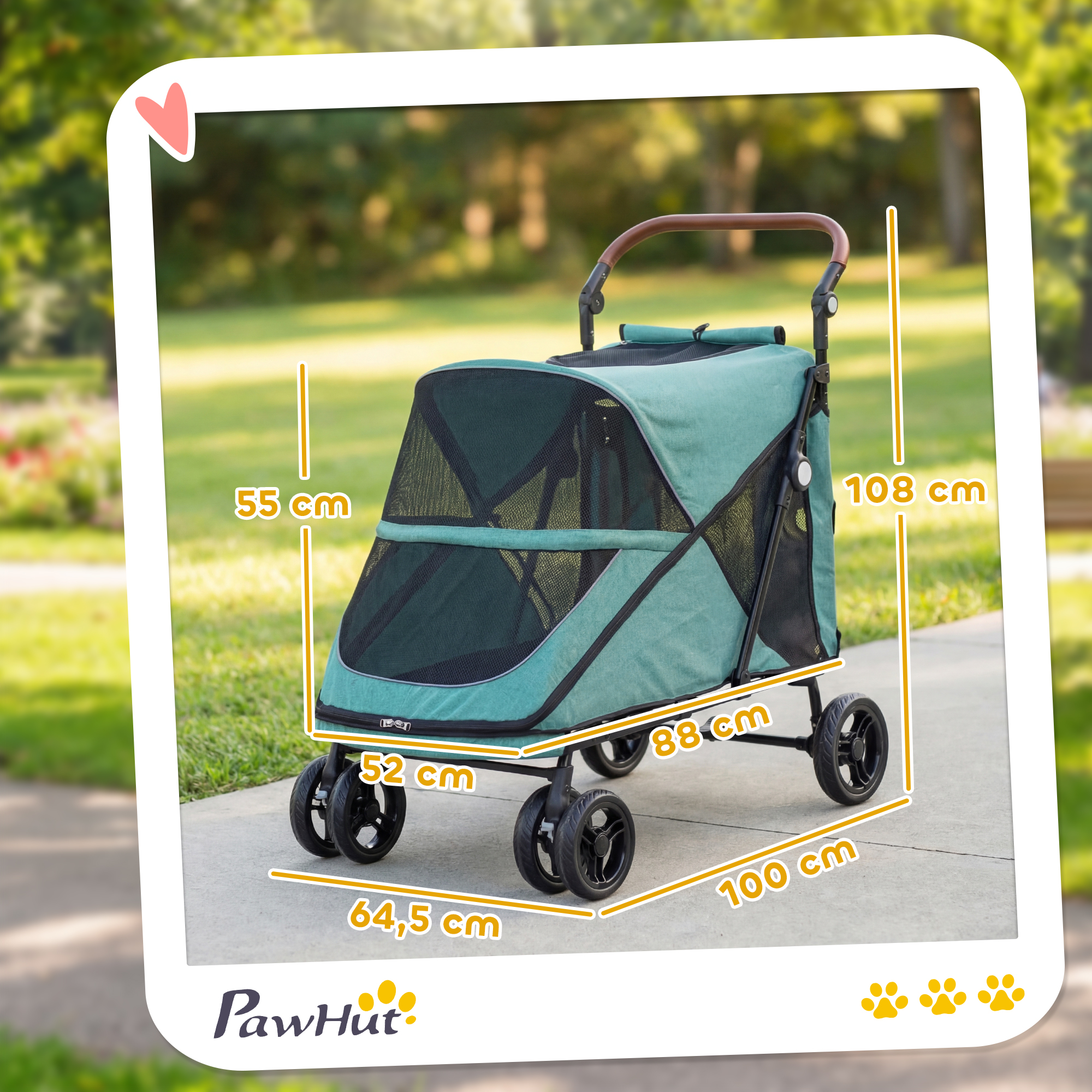Un carrito verde para mascotas con detalles negros en un sendero de parque, con etiquetas amarillas de dimensiones.