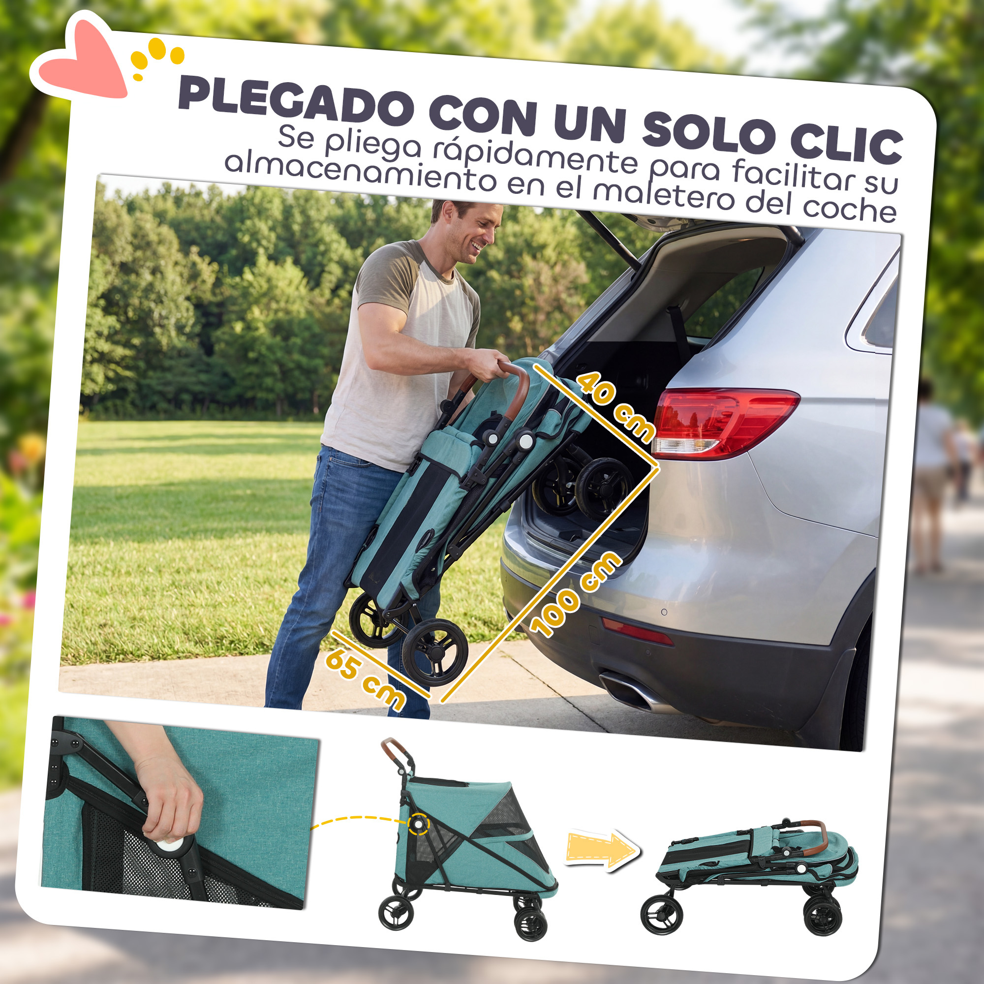 Un hombre carga un carrito verde plegable para mascotas en el maletero de un coche plateado.
