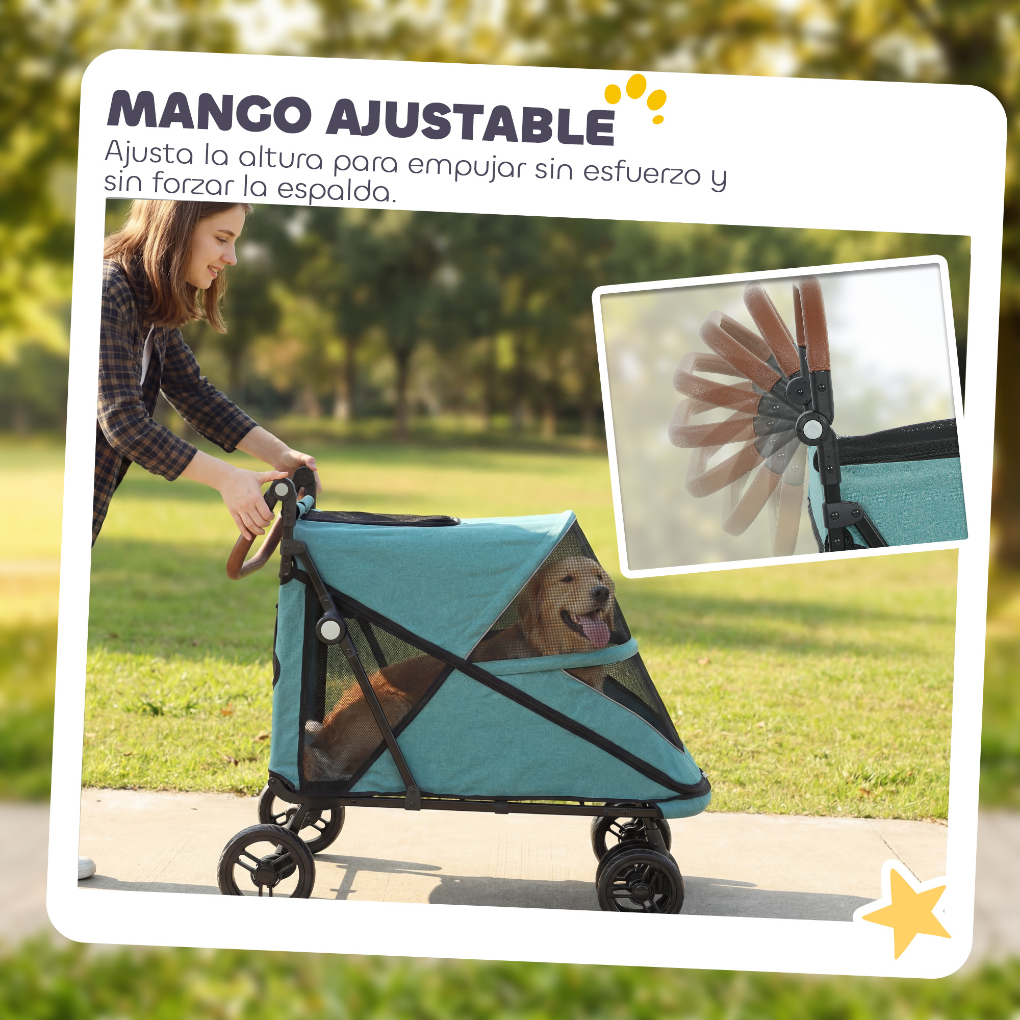 Una mujer empuja un carrito azul para mascotas con un perro dentro en un parque. Un recuadro muestra el mango.