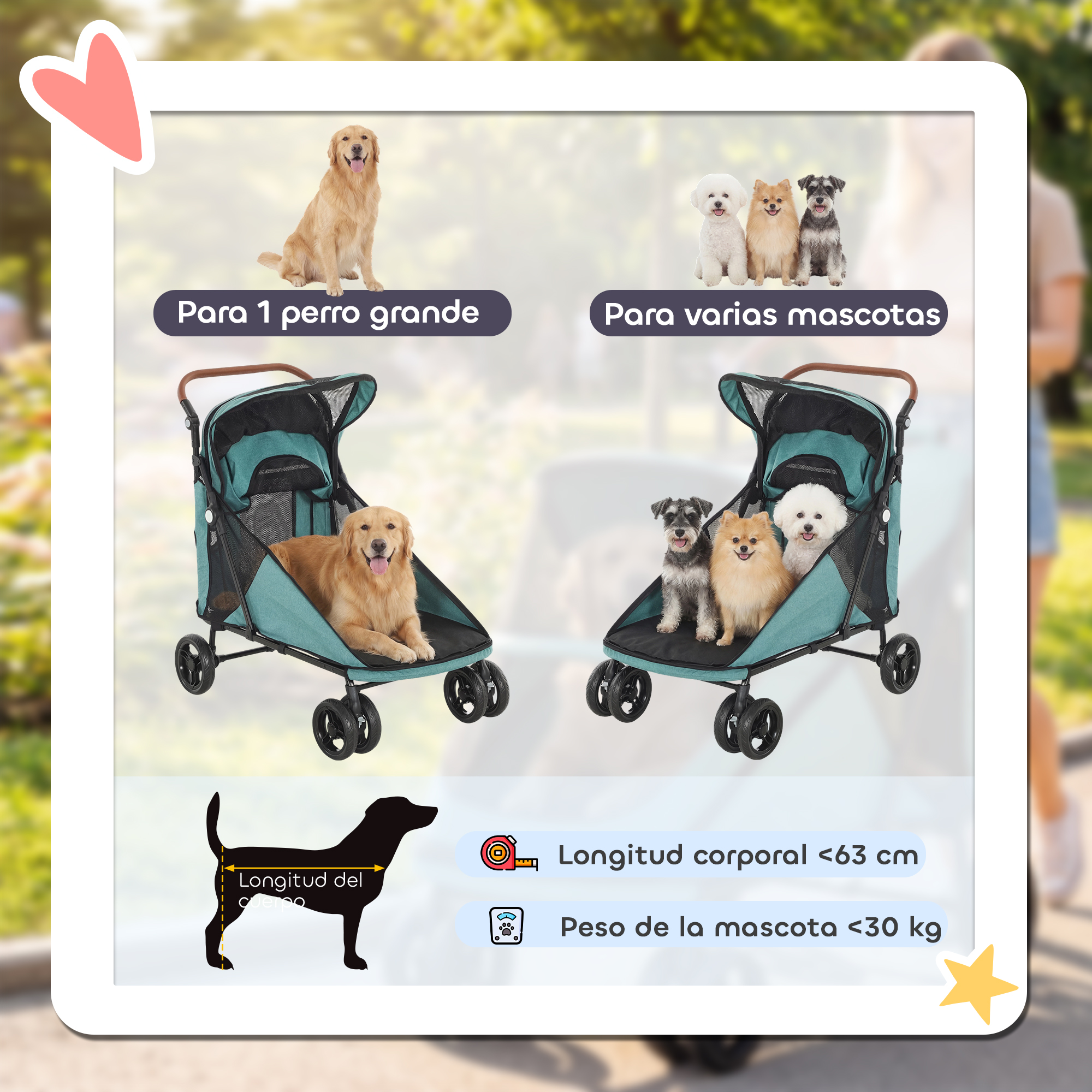 Dos carritos turquesas para mascotas, uno con un perro grande y otro con tres perros pequeños.