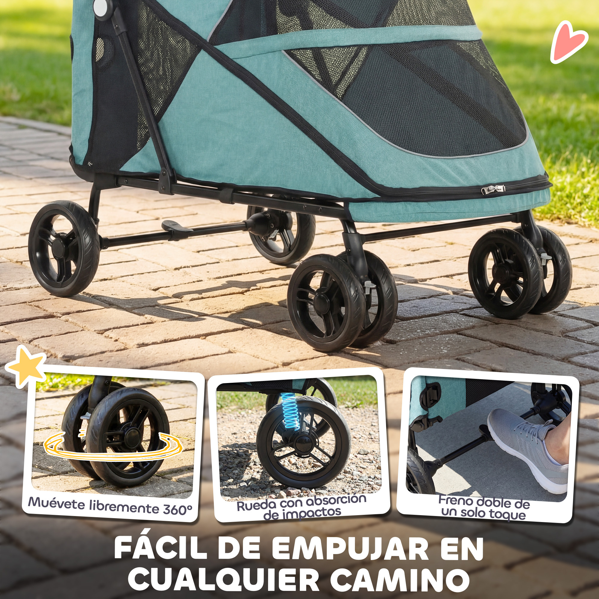 Cochecito para mascotas turquesa con marco negro en la acera, con tres imágenes insertadas de ruedas y freno.