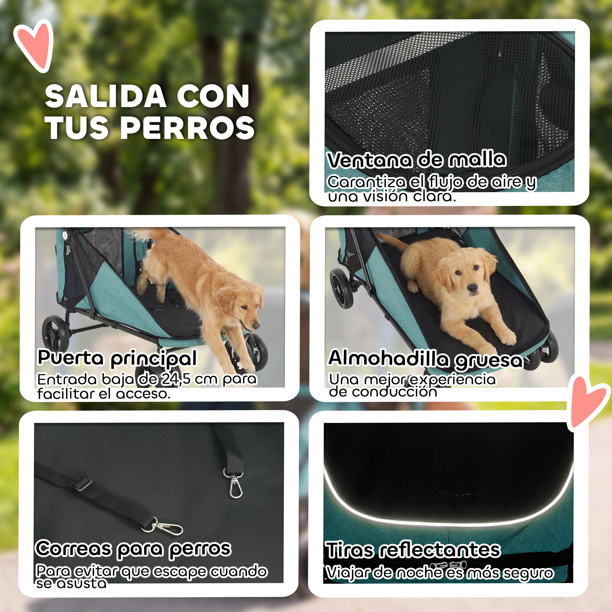Collage que muestra características de un carrito para mascotas, con ventana de malla, perro entrando, cojín y correas.