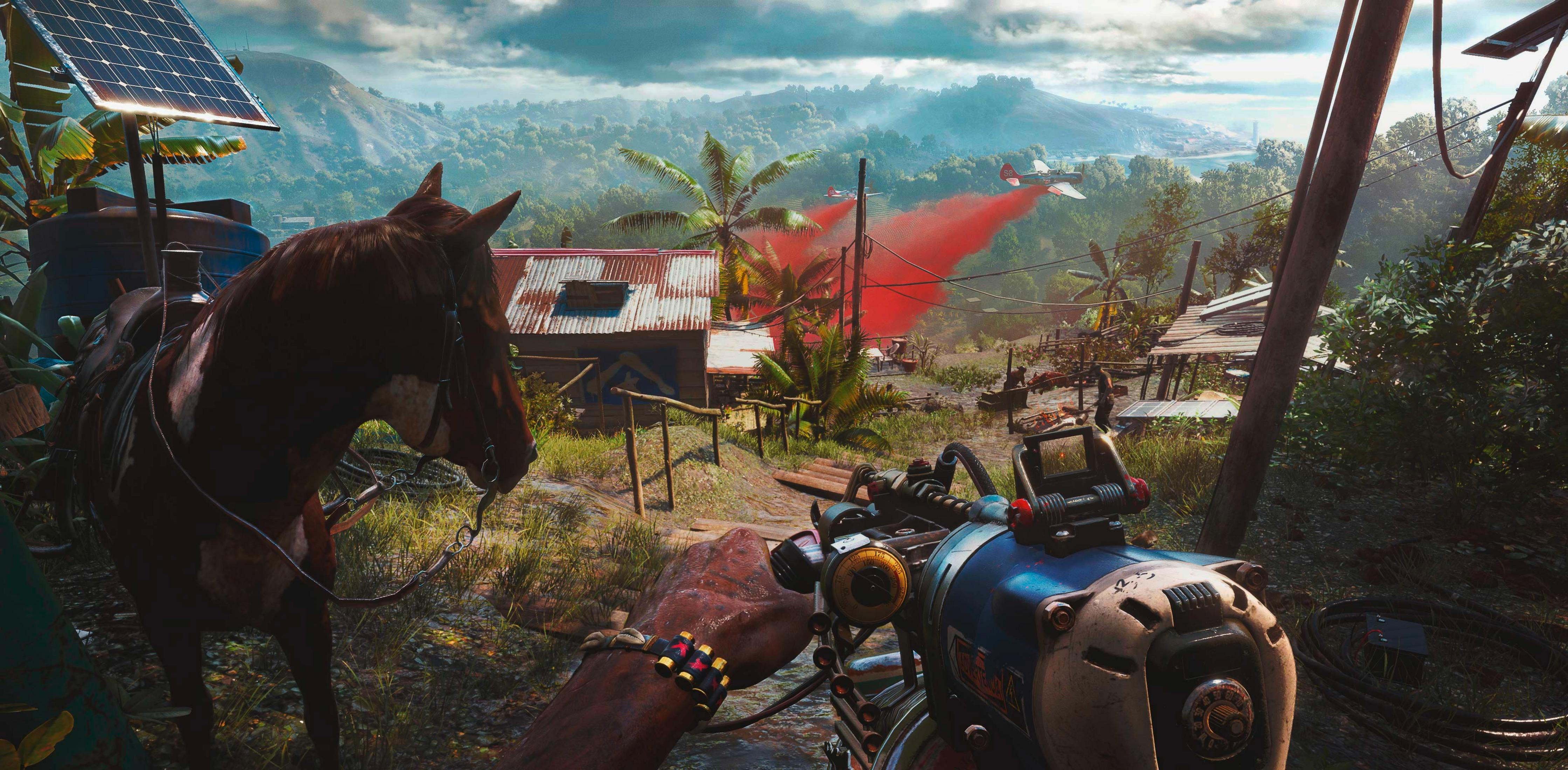Vue à la première personne d'un personnage armé près d'un cheval, avec de la fumée rouge et des avions au loin.