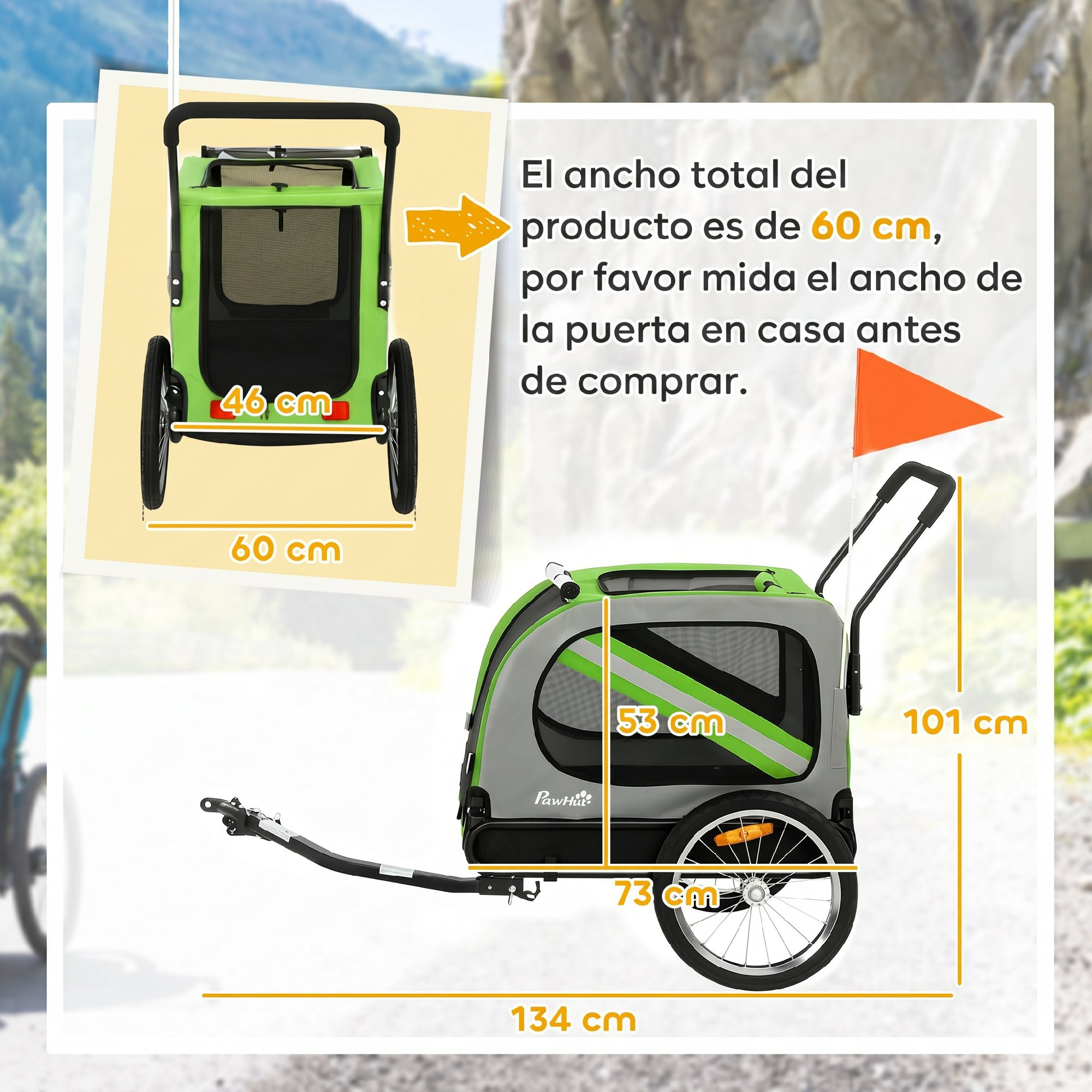 Remolque verde y gris para mascotas con dimensiones y consejos de medición de puertas.