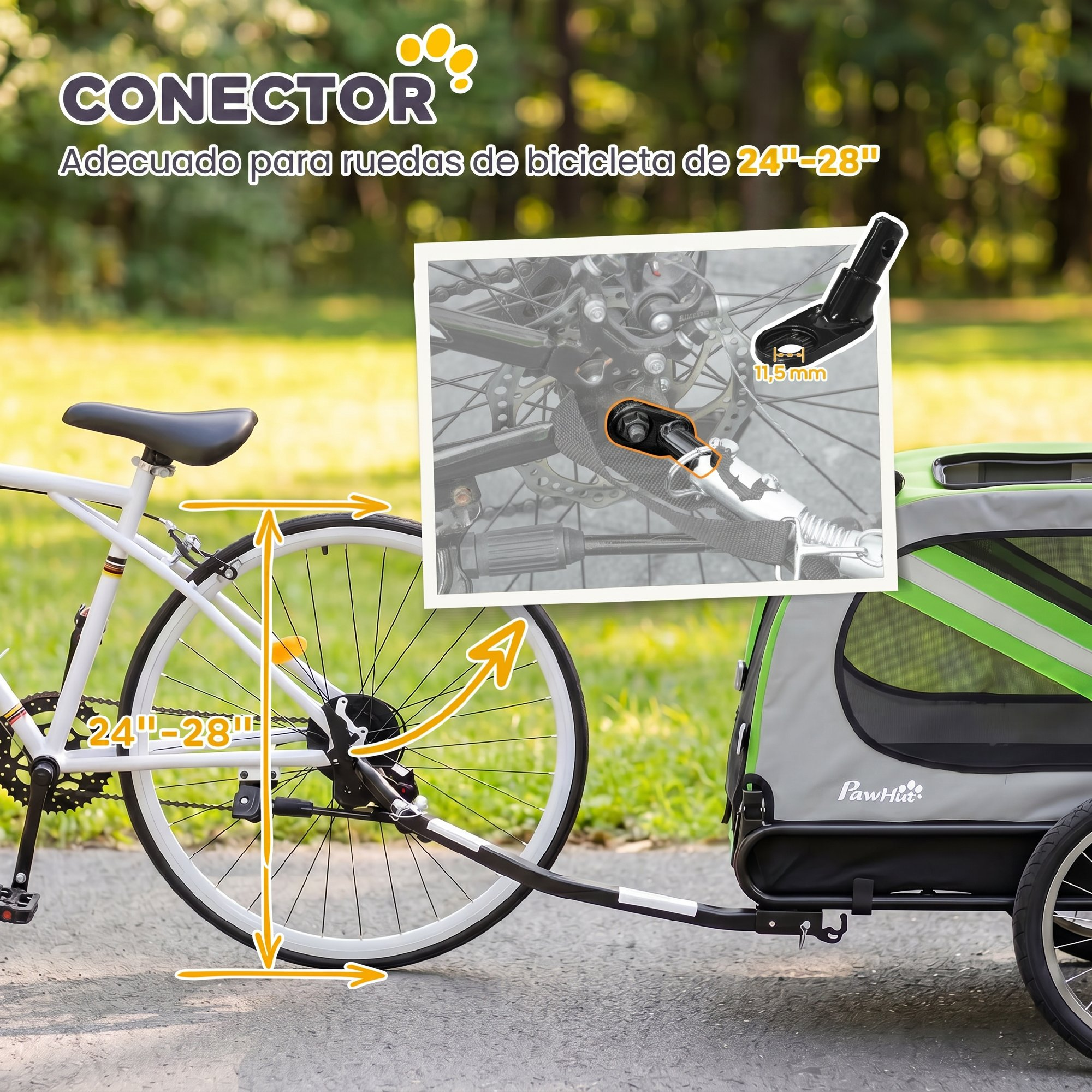 Remolque de bicicleta conectado a rueda trasera de 24-28 pulgadas con detalle y texto.