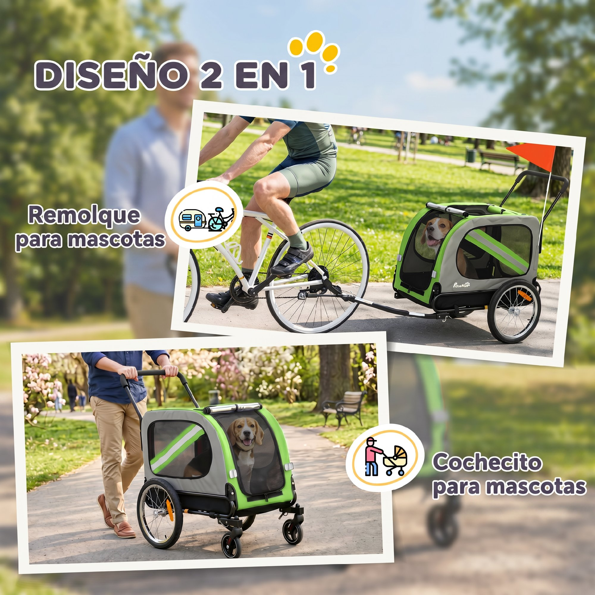 Remolque y carrito 2 en 1 para mascotas, mostrado en bicicleta y empujado en un parque.