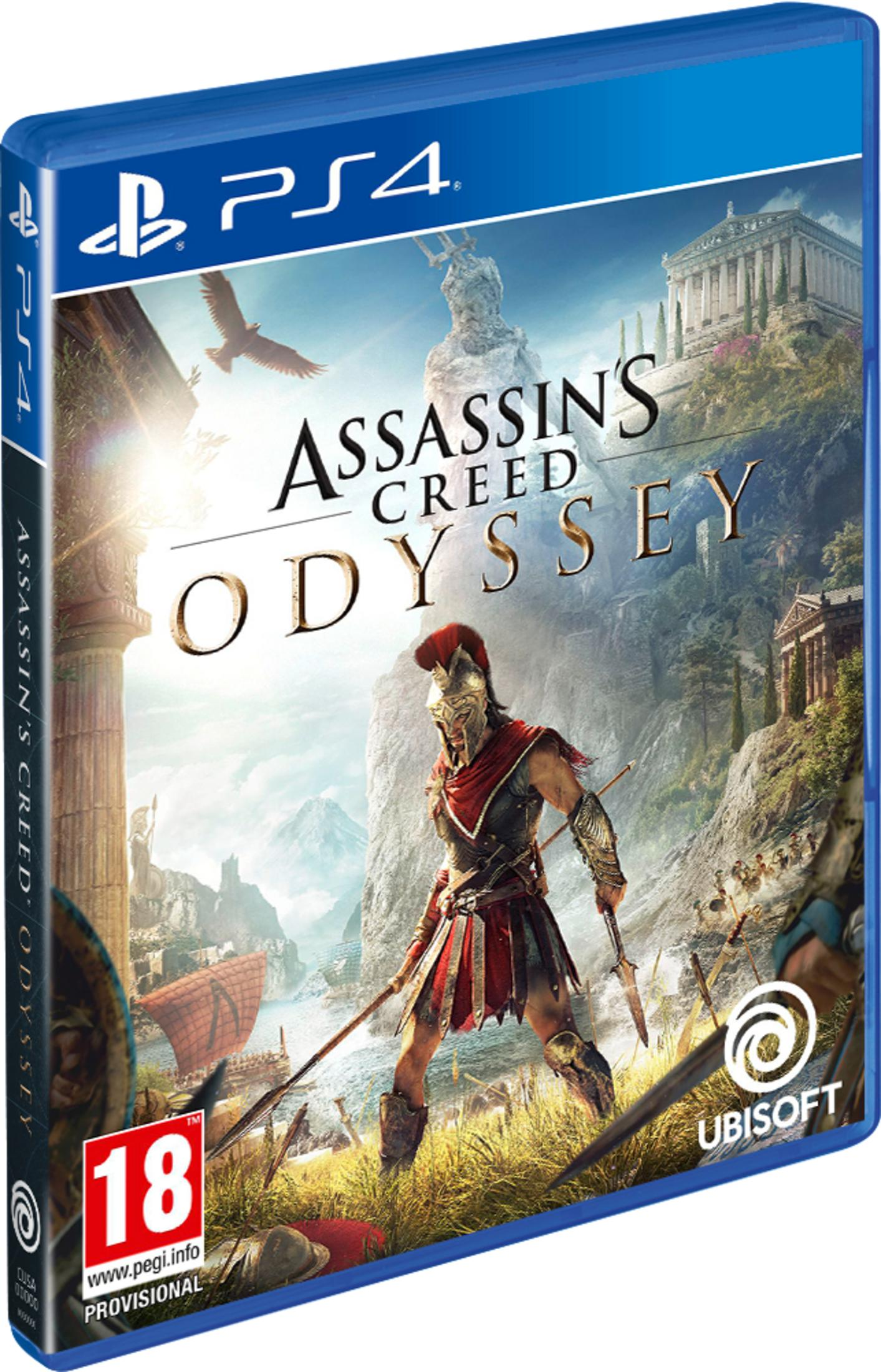PS4-Hülle von Assassin's Creed Odyssey mit einem spartanischen Krieger vor griechischer antiker Kulisse.