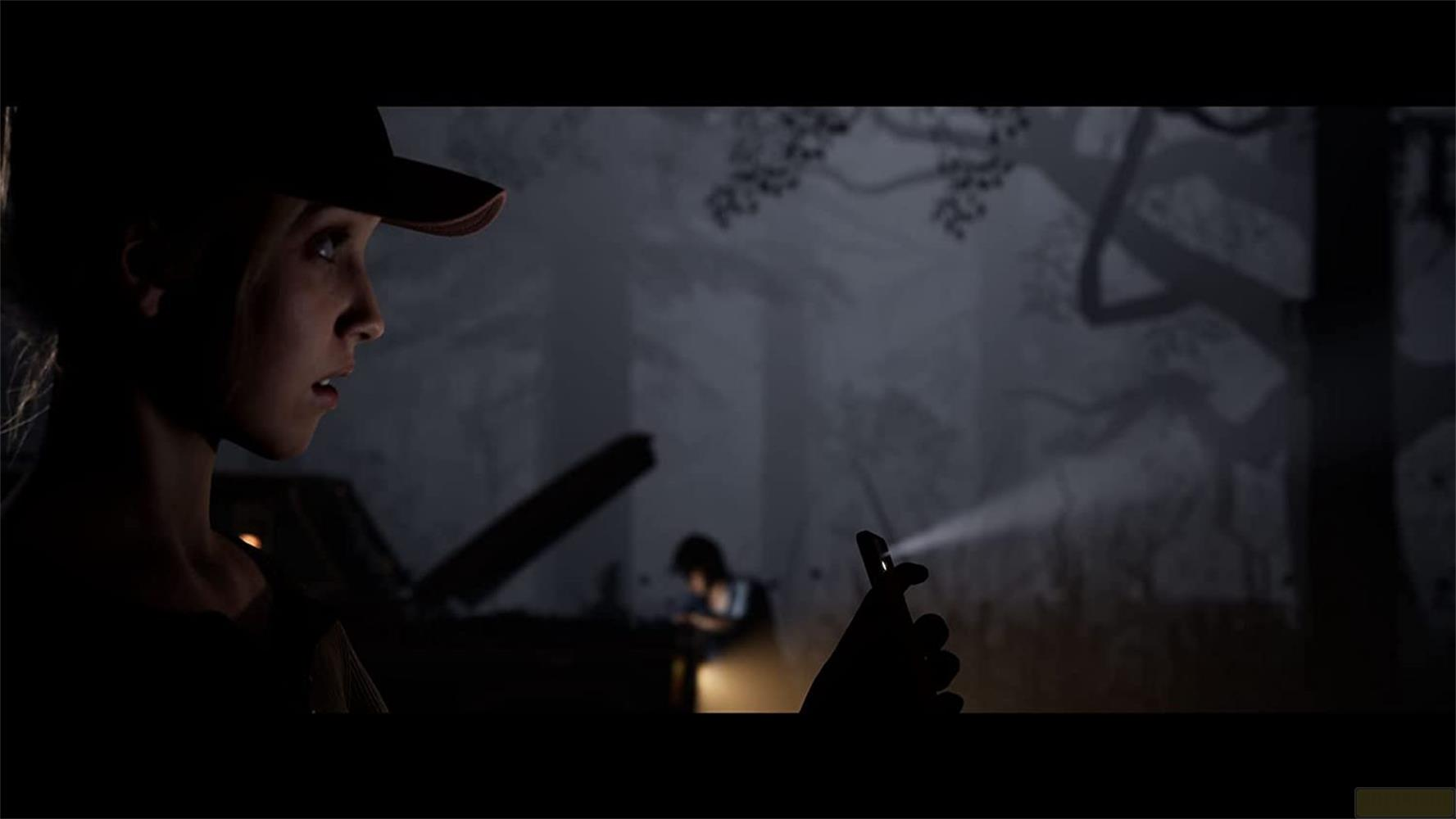 Eine Frau in einer Mütze hält eine Taschenlampe in einem dunklen, nebligen Wald, eine andere Person im Hintergrund.