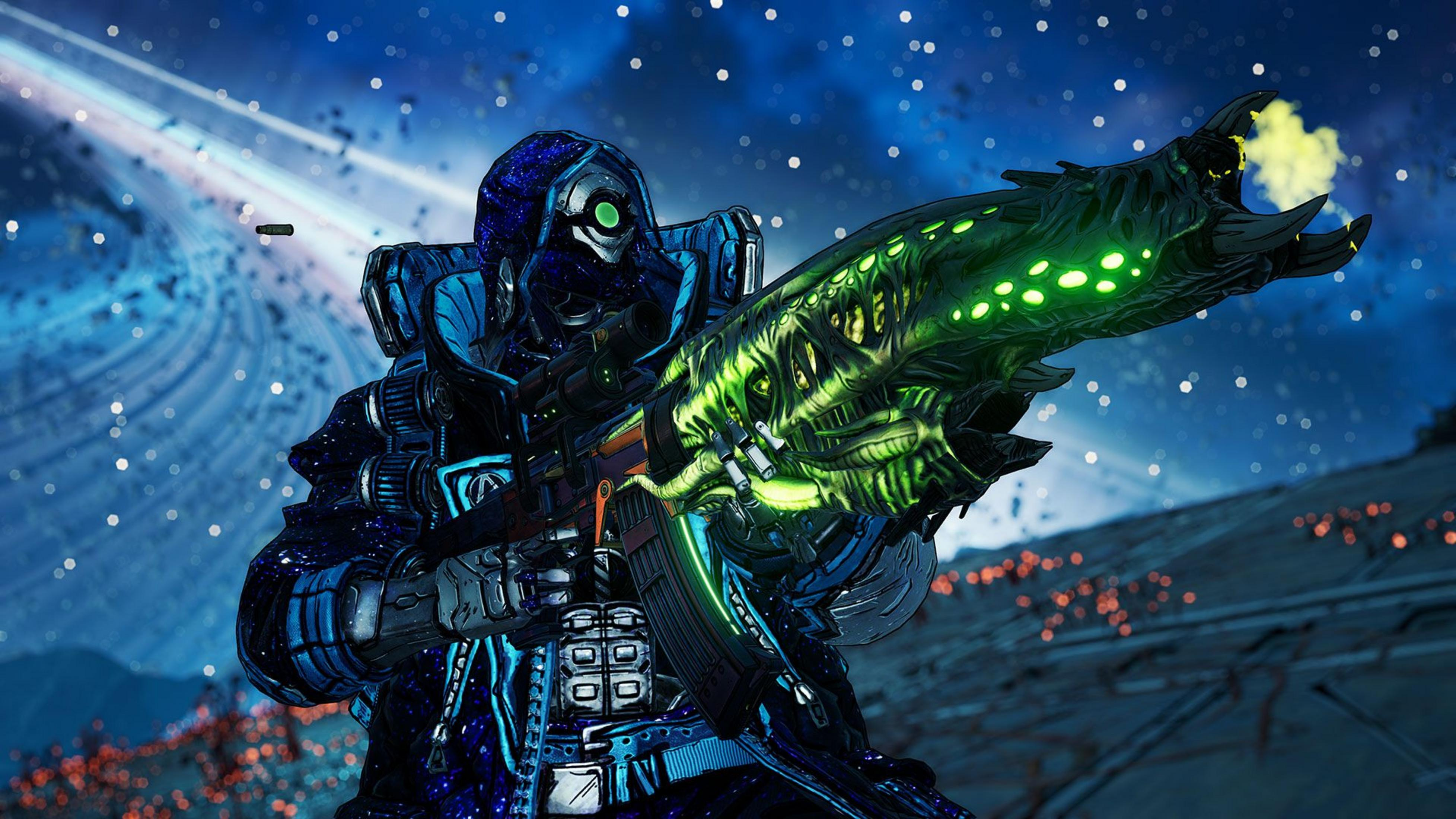 Ein futuristischer Soldat in einem blauen Sternenmuster-Anzug hält eine leuchtend grüne Alien-Waffe vor Weltraum.
