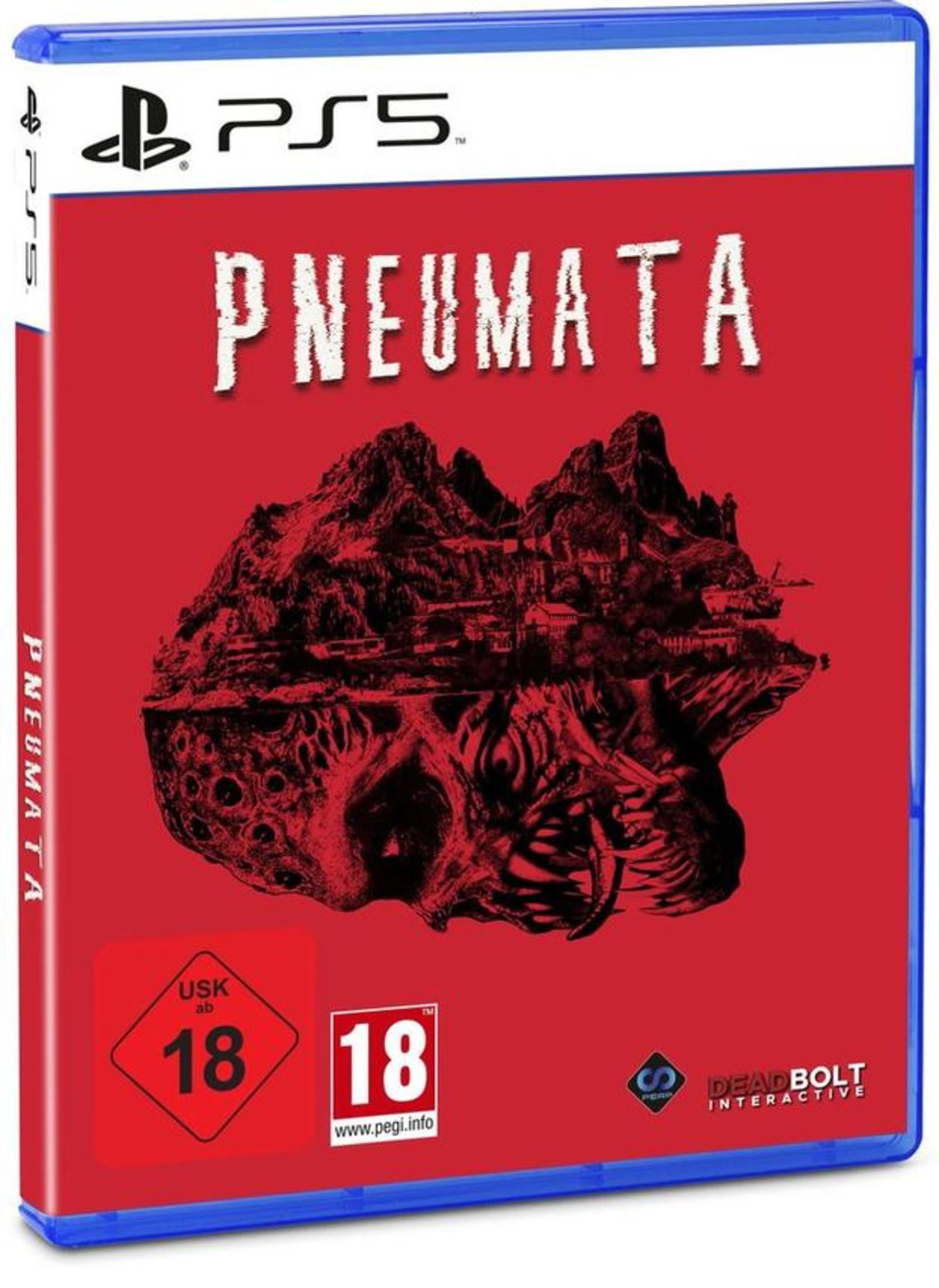PS5-Spielhülle für Pneumata mit rotem Cover, Bergillustration und USK-18-Altersfreigabe.