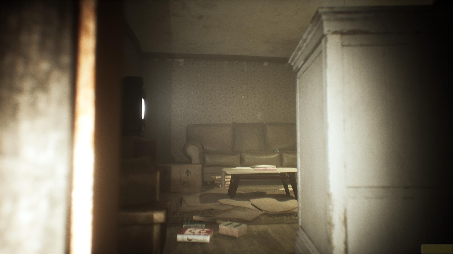Ein dunkles, unordentliches Zimmer mit Sofa, Couchtisch und Kisten im Dämmerlicht.