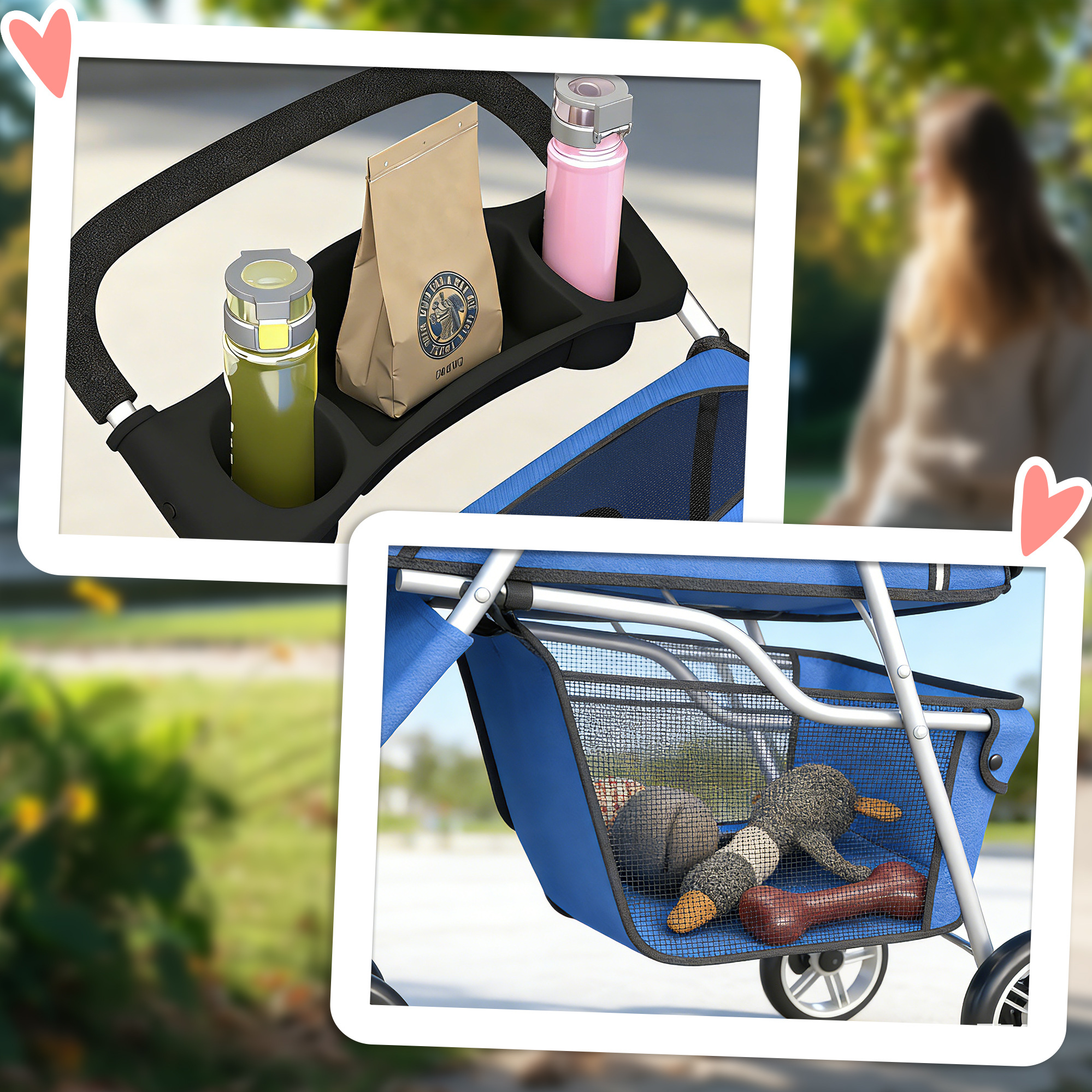 Accesorios para cochecito con portavasos, una bolsa y una cesta de almacenamiento llena de juguetes.
