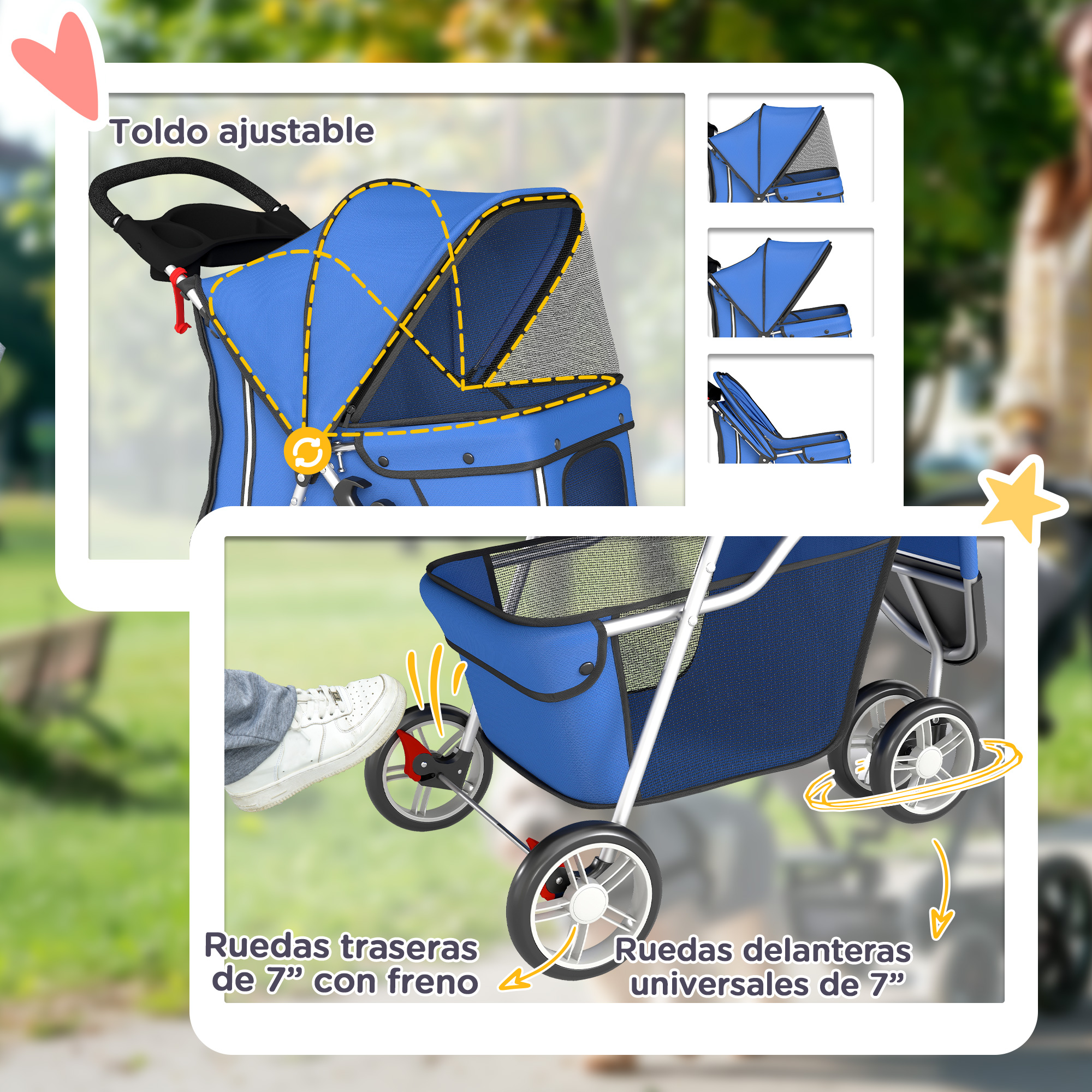 Un carrito azul para mascotas muestra detalles como toldo ajustable y ruedas de 7 pulgadas con freno.