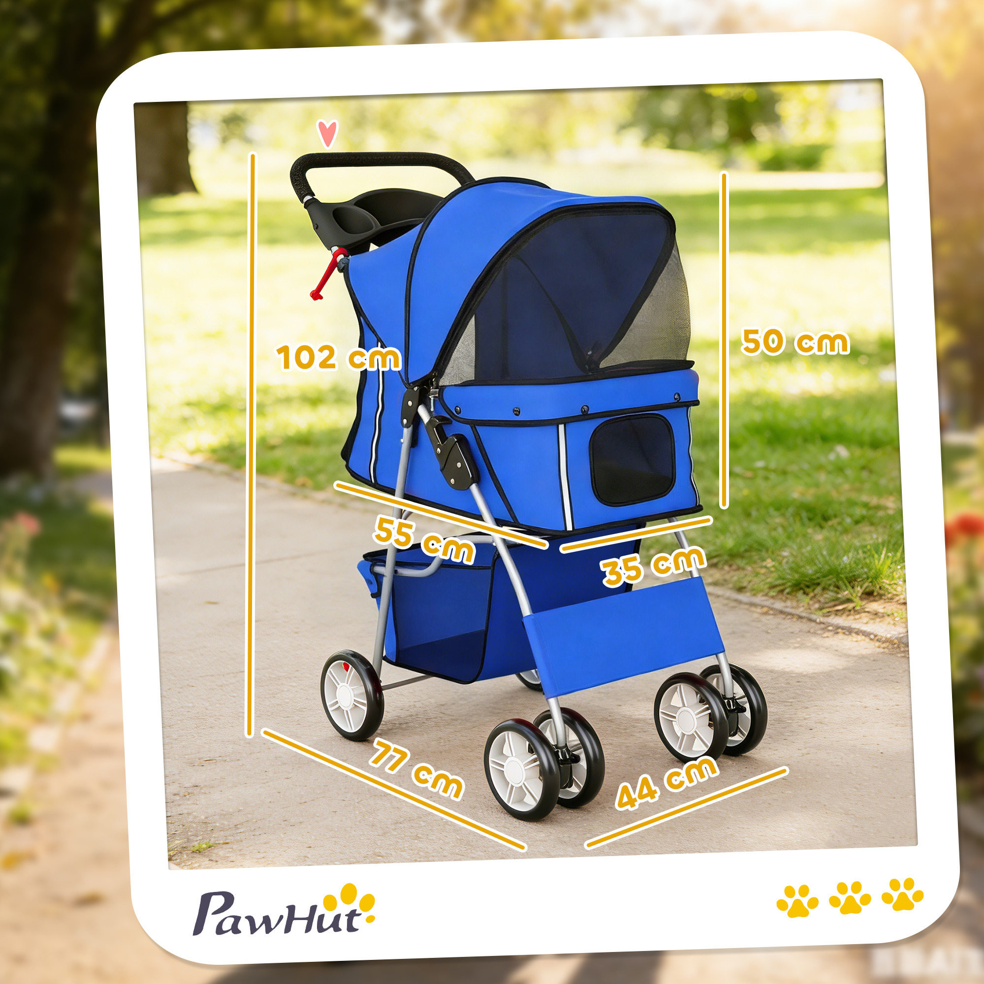 Un carrito azul para mascotas con cuatro ruedas y medidas en un camino de parque.