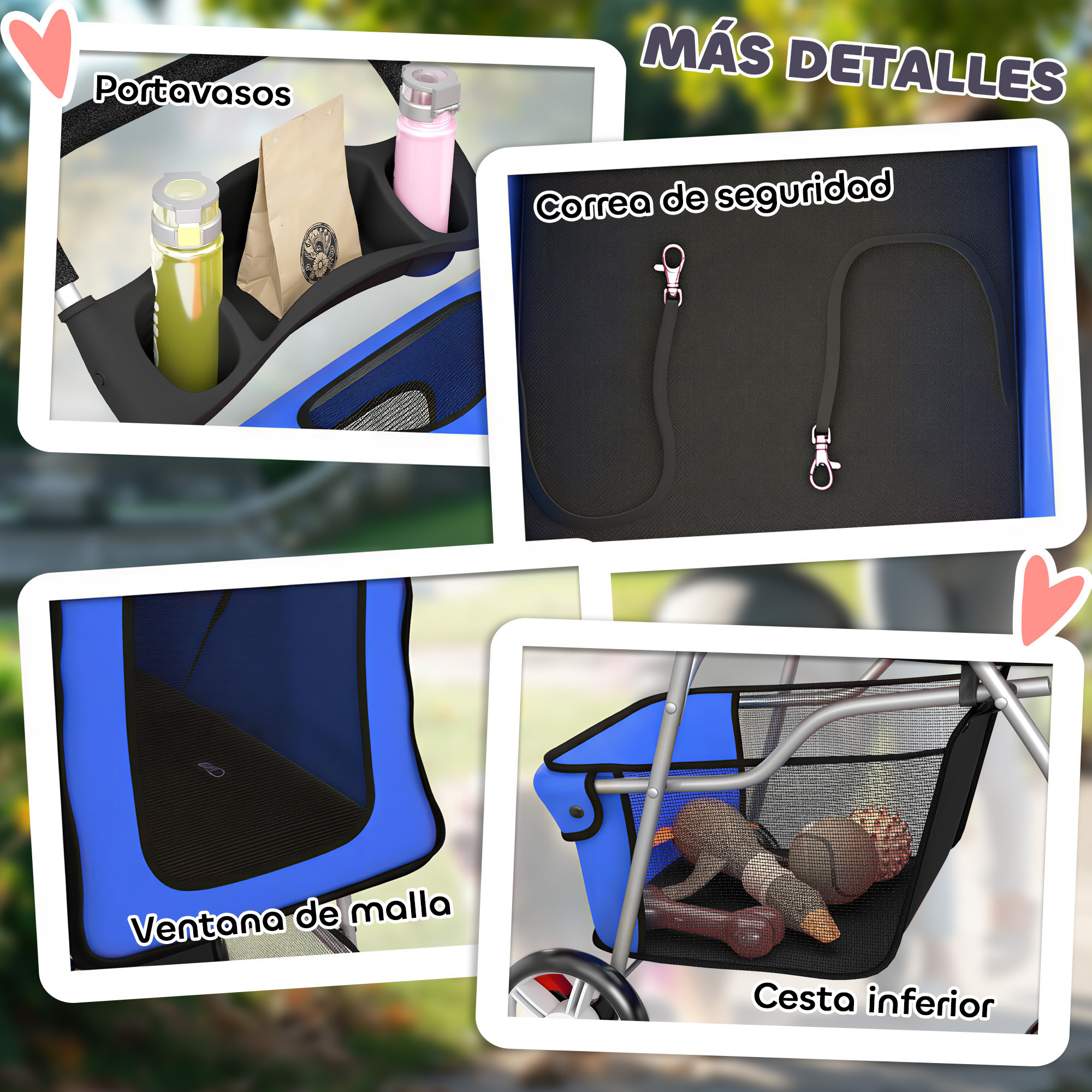 Cuatro imágenes muestran detalles del carrito: portavasos, correa de seguridad, ventana de malla y cesta inferior.