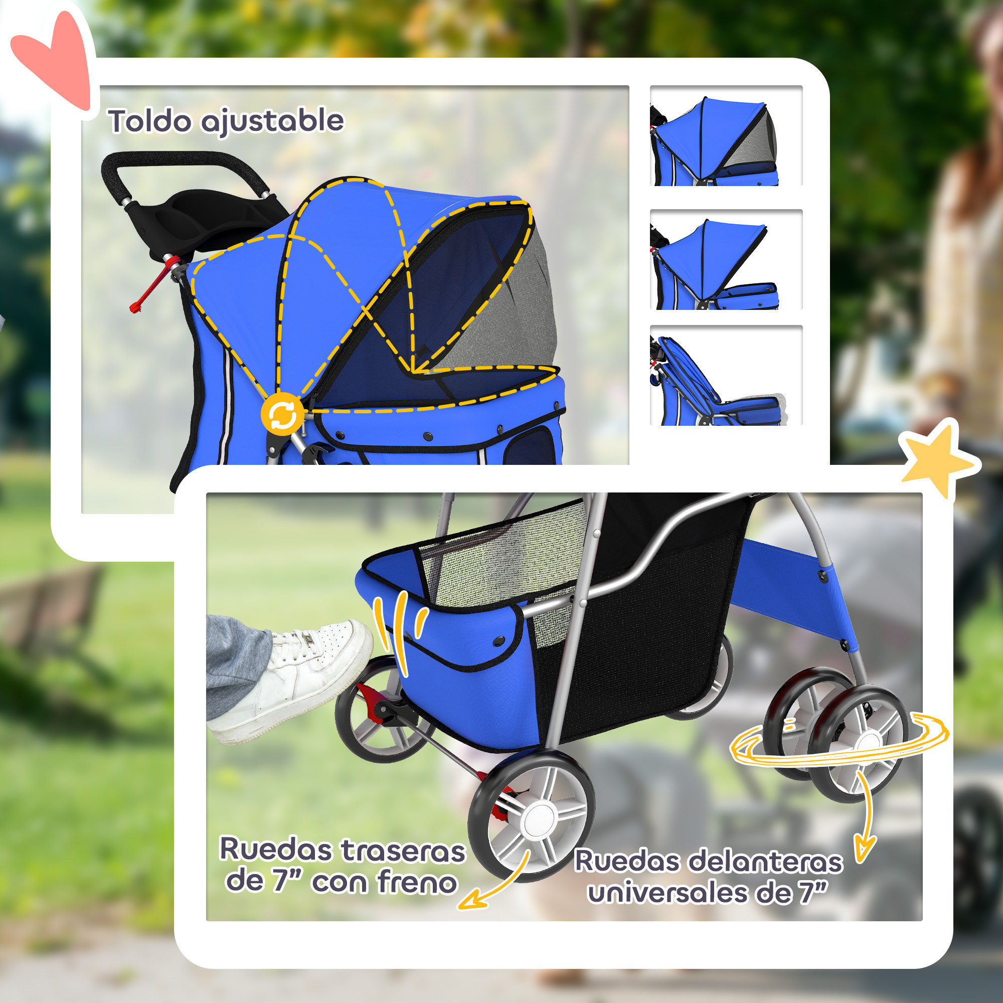 Cochecito azul para mascotas con capota ajustable, freno de pie y ruedas de 7 pulgadas.