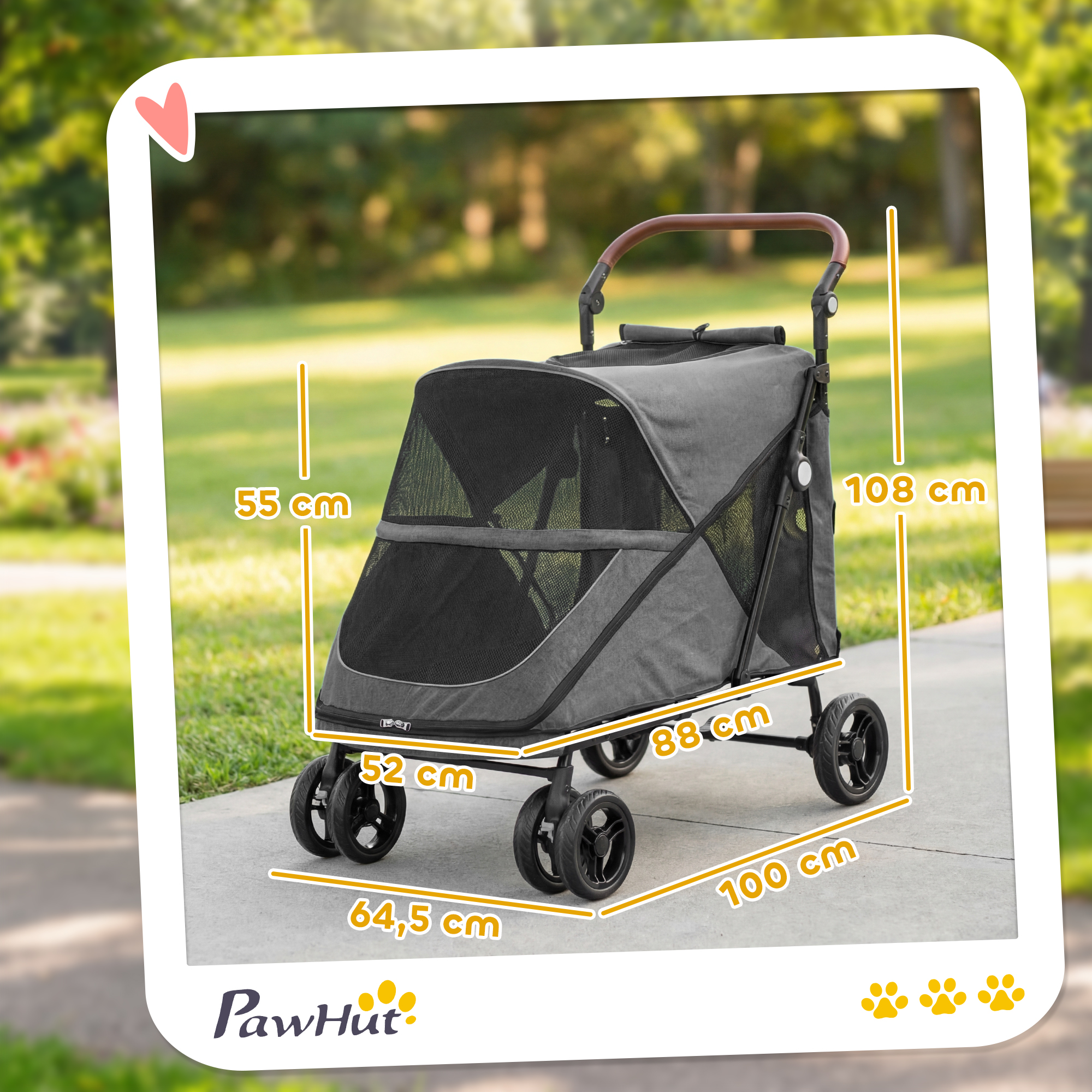 Cochecito gris para mascotas en una acera con medidas y logotipo de PawHut.