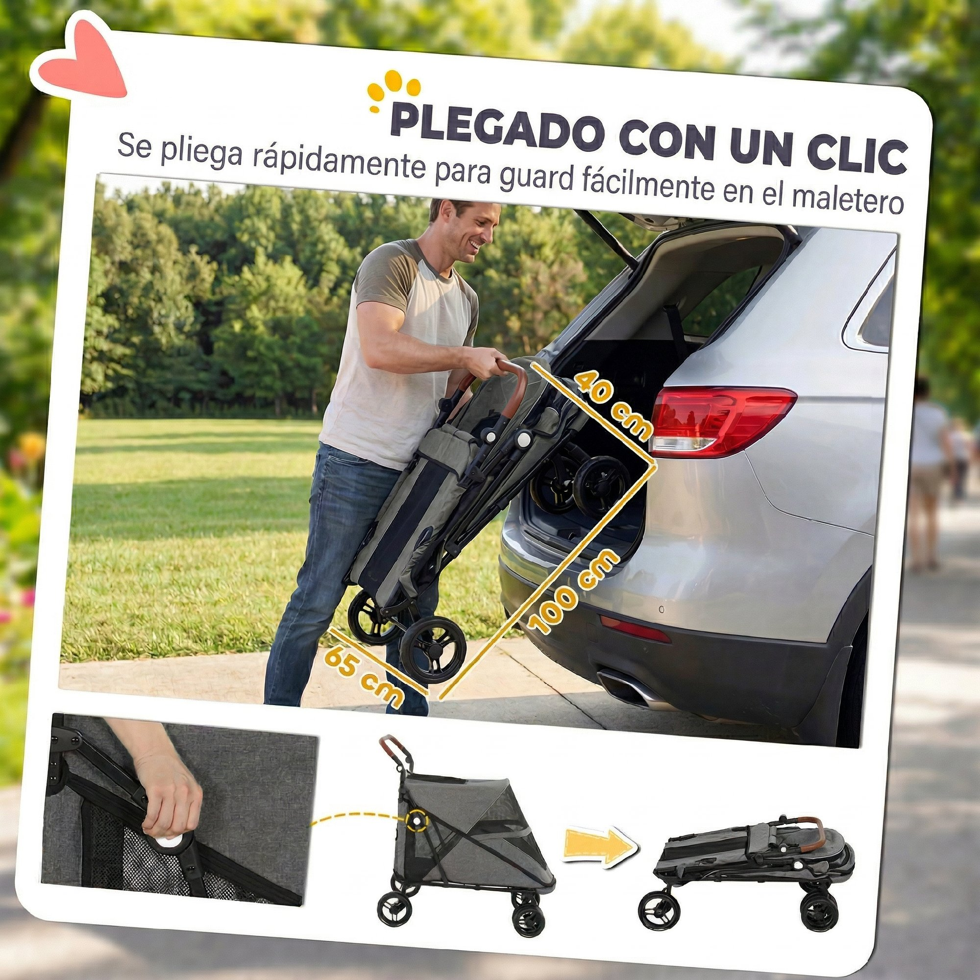 Un hombre carga un cochecito plegado en el maletero de un coche plateado.