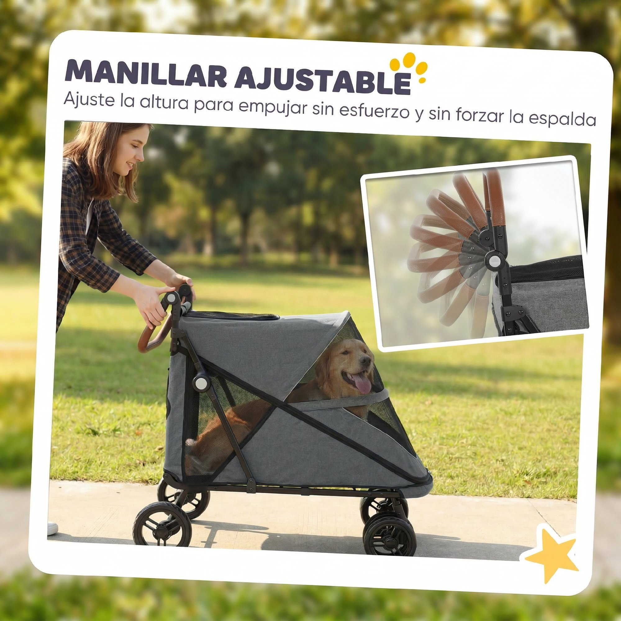 Una mujer empuja un carrito para mascotas gris con un golden retriever en el parque.