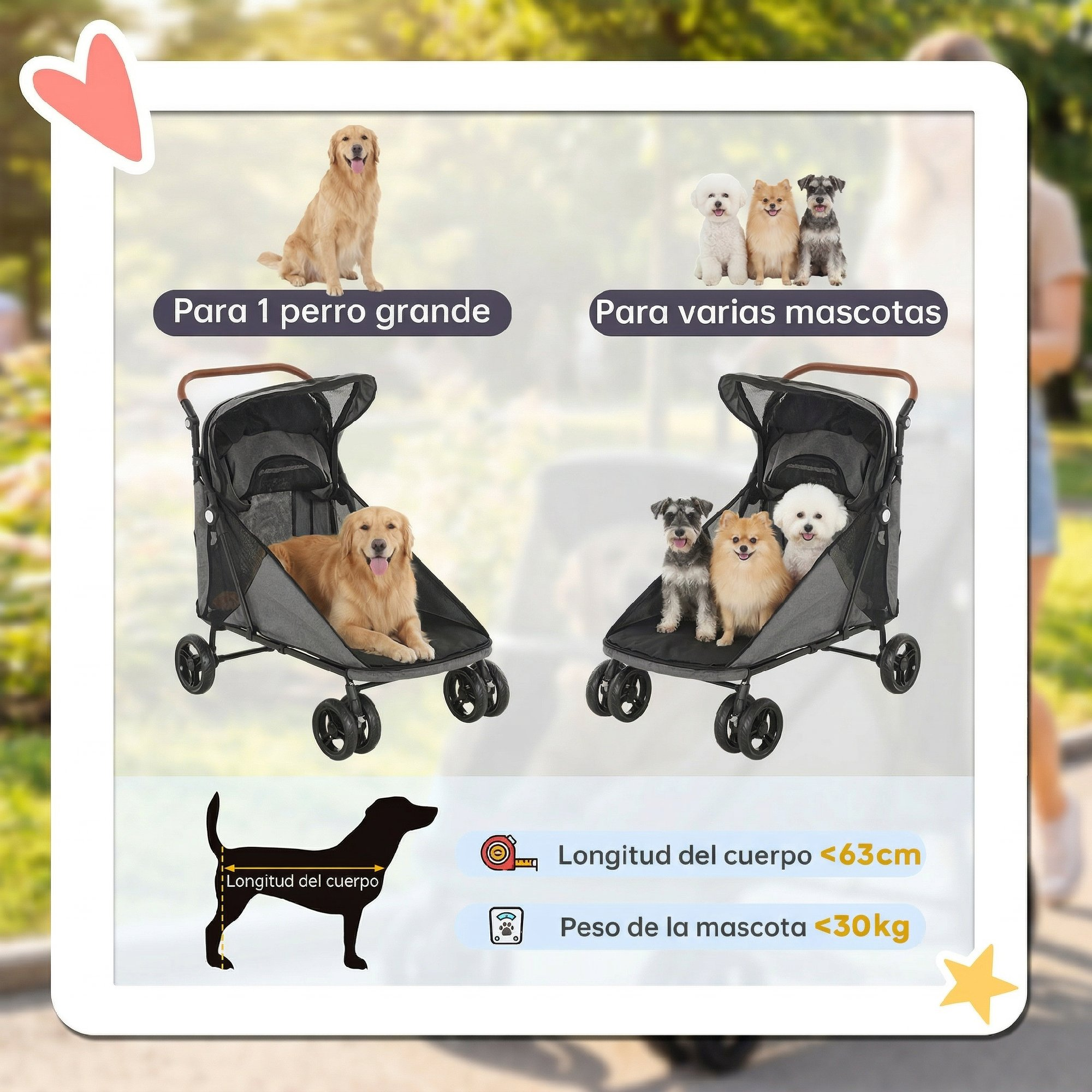 Imagen de producto que muestra carritos para perros grandes y múltiples pequeños, con límites.