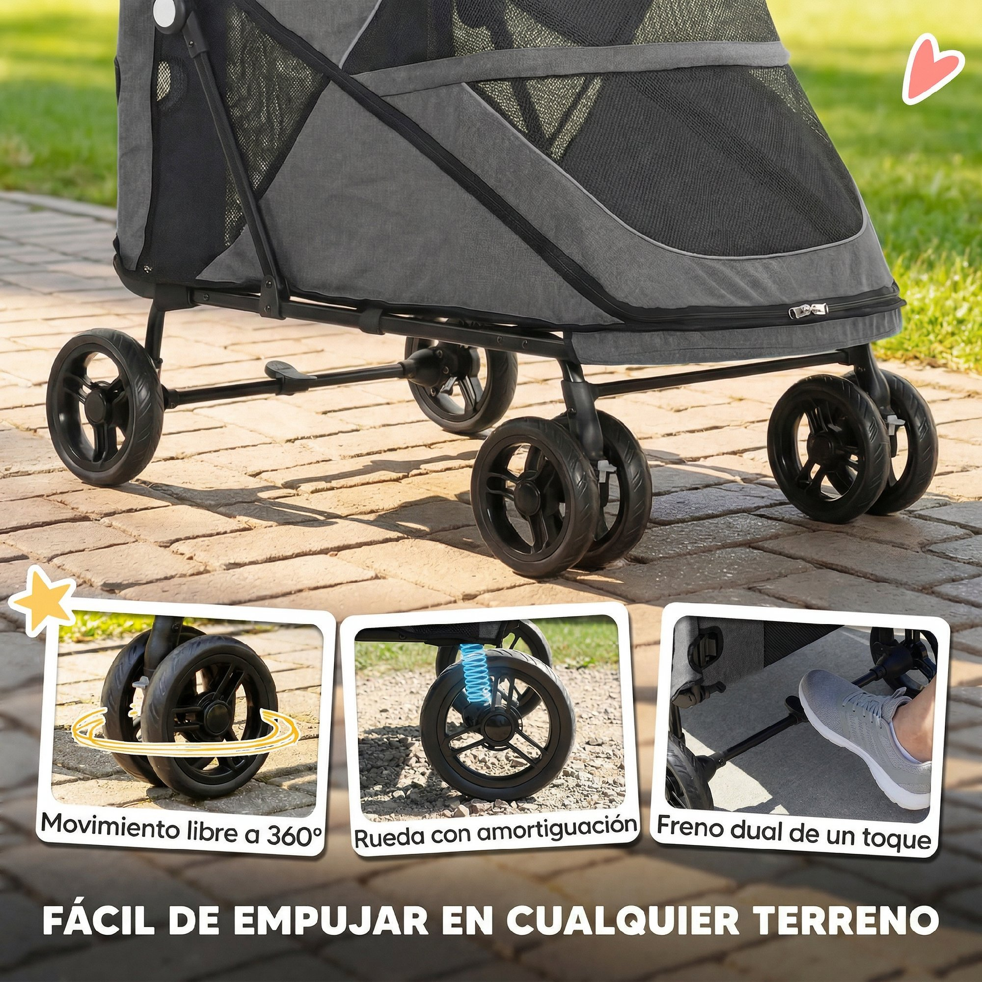 Cochecito gris para mascotas con ruedas negras en un camino pavimentado, con tres fotos que muestran movimiento de 360 grados, suspensión y freno.