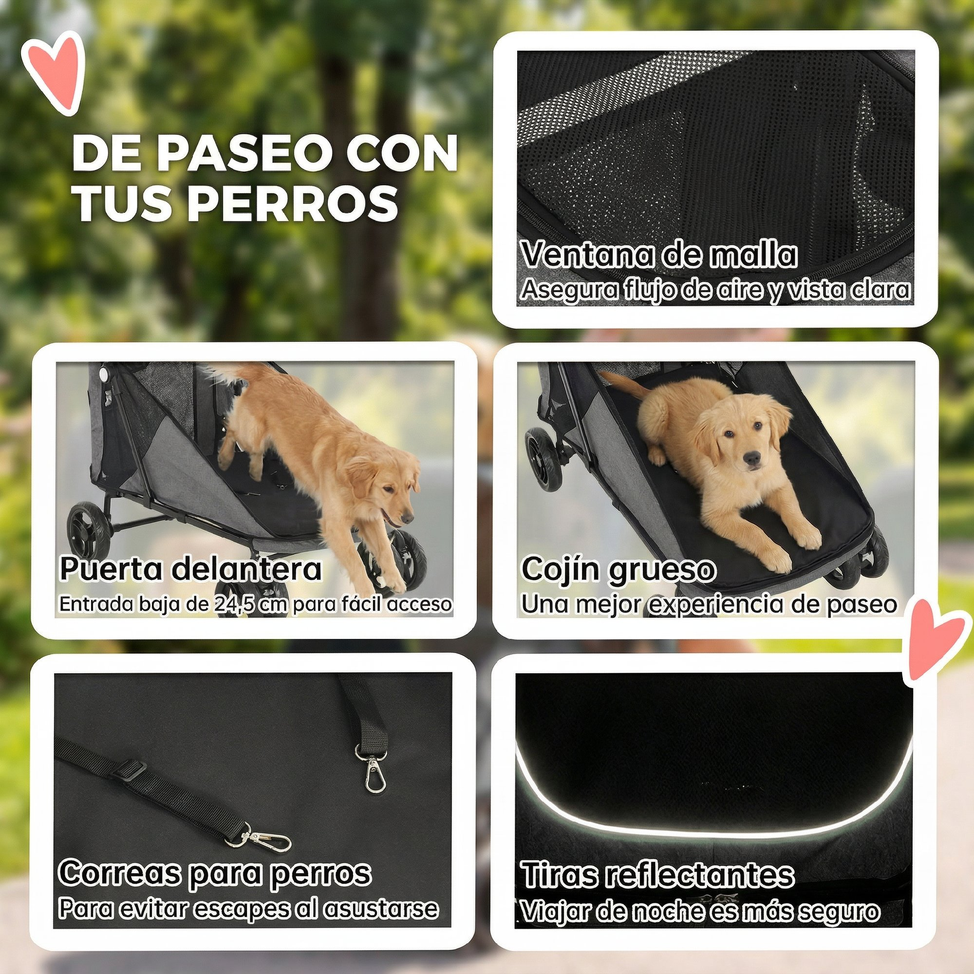 Collage de productos que muestra características de carrito para mascotas.