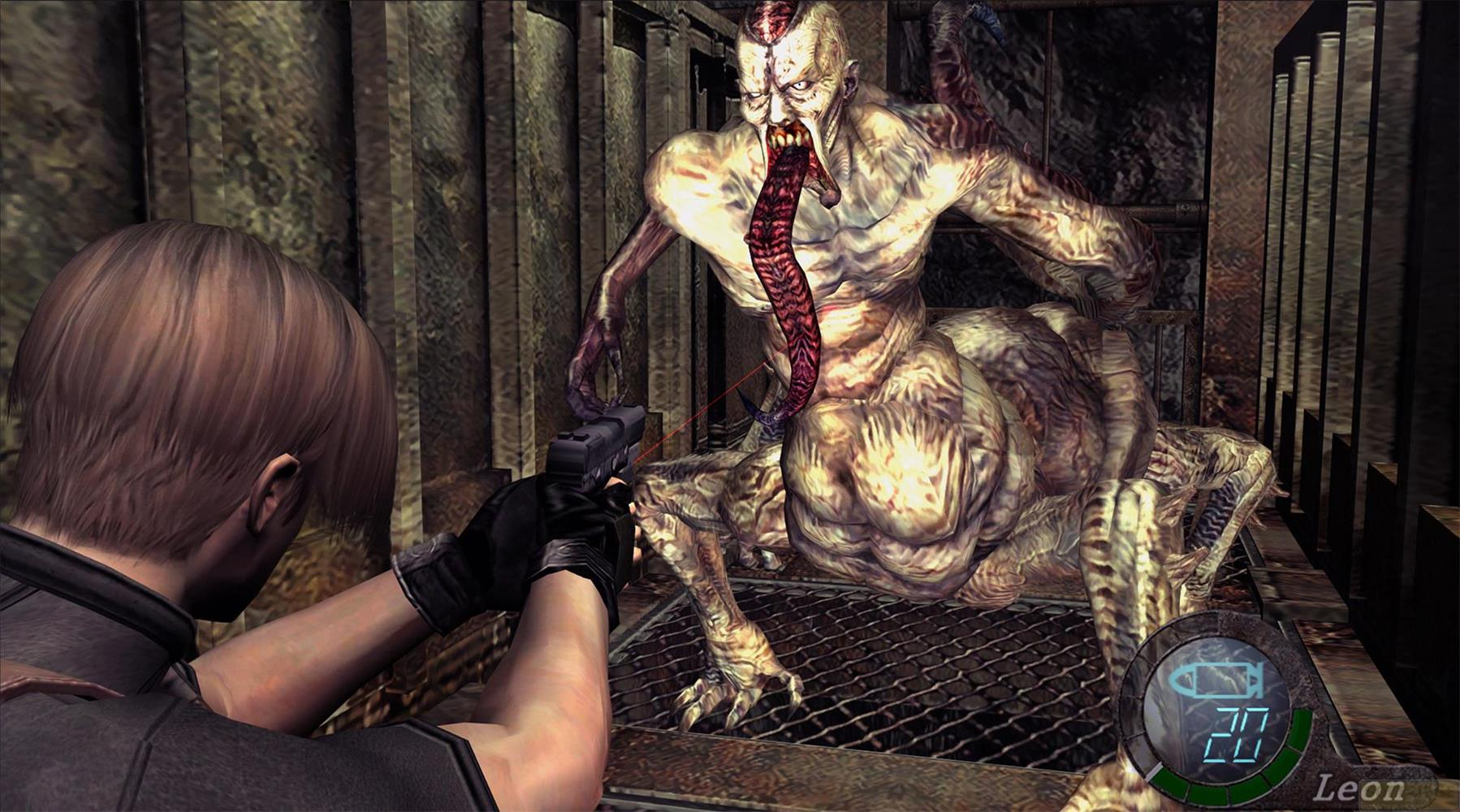 Eine Figur zielt in einem schwach beleuchteten Raum mit einer Handfeuerwaffe auf ein groteskes, vielbeiniges Monster.