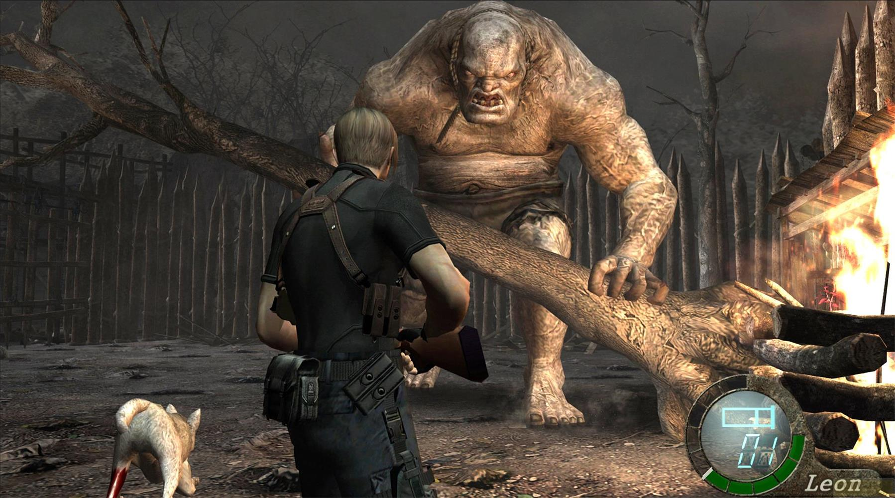 Ein blondhaariger Mann steht einem riesigen, muskulösen Monster in einer dunklen, waldartigen Umgebung gegenüber.
