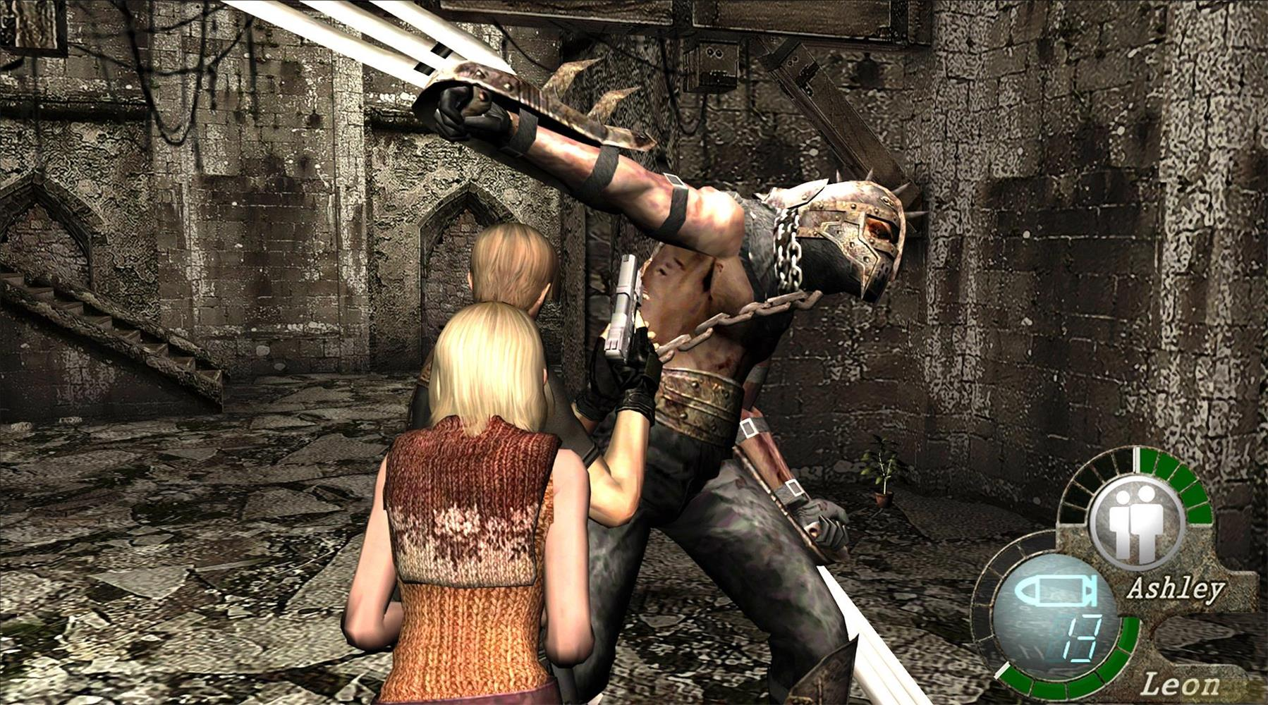 Eine blonde Frau in einem braunen Pullover zielt mit einer Waffe auf ein kettenbehängtes, gepanzertes Monster in einem Kerker.