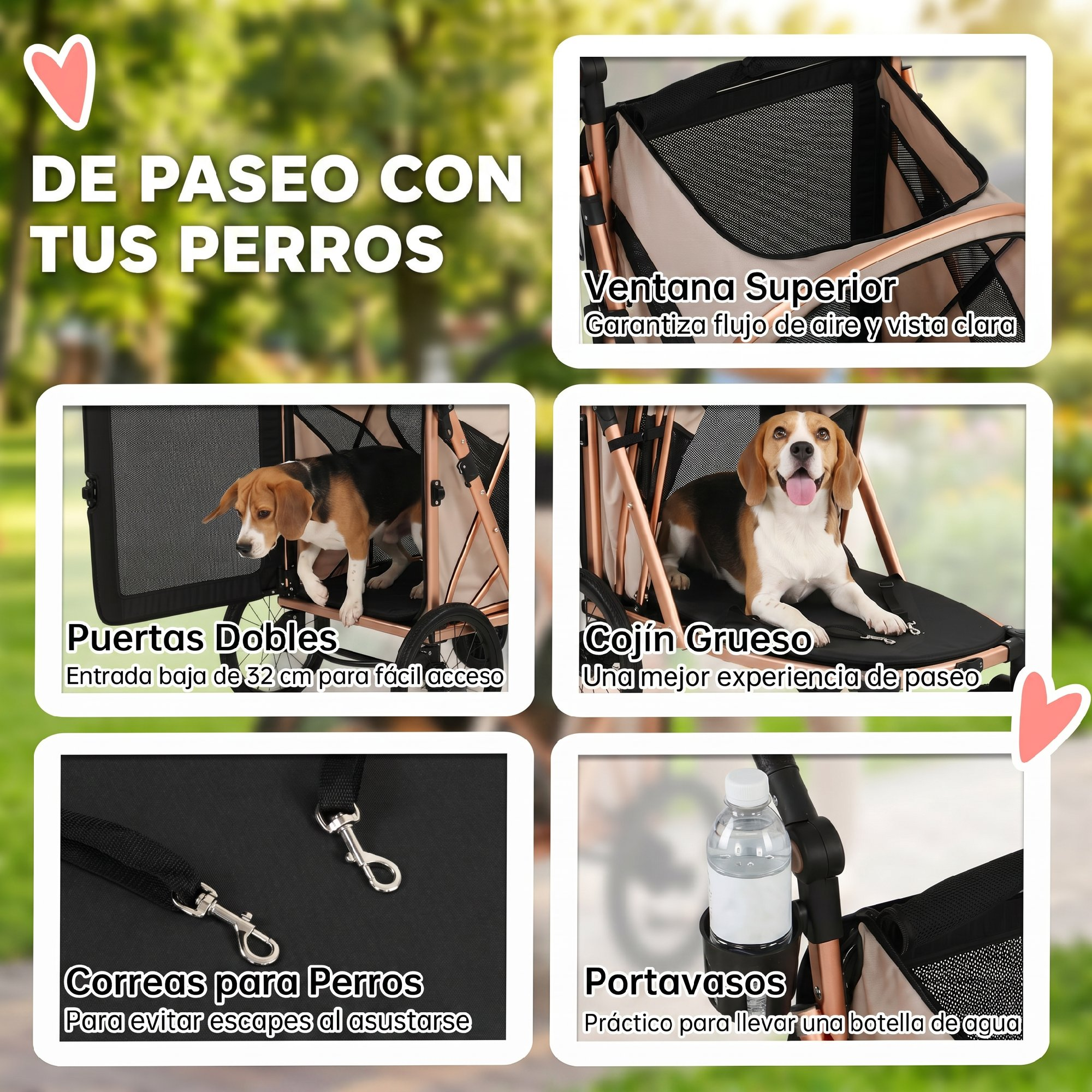 Un cochecito para perros beige y negro con ventanas de malla, cojín grueso, correas de seguridad y portavasos.