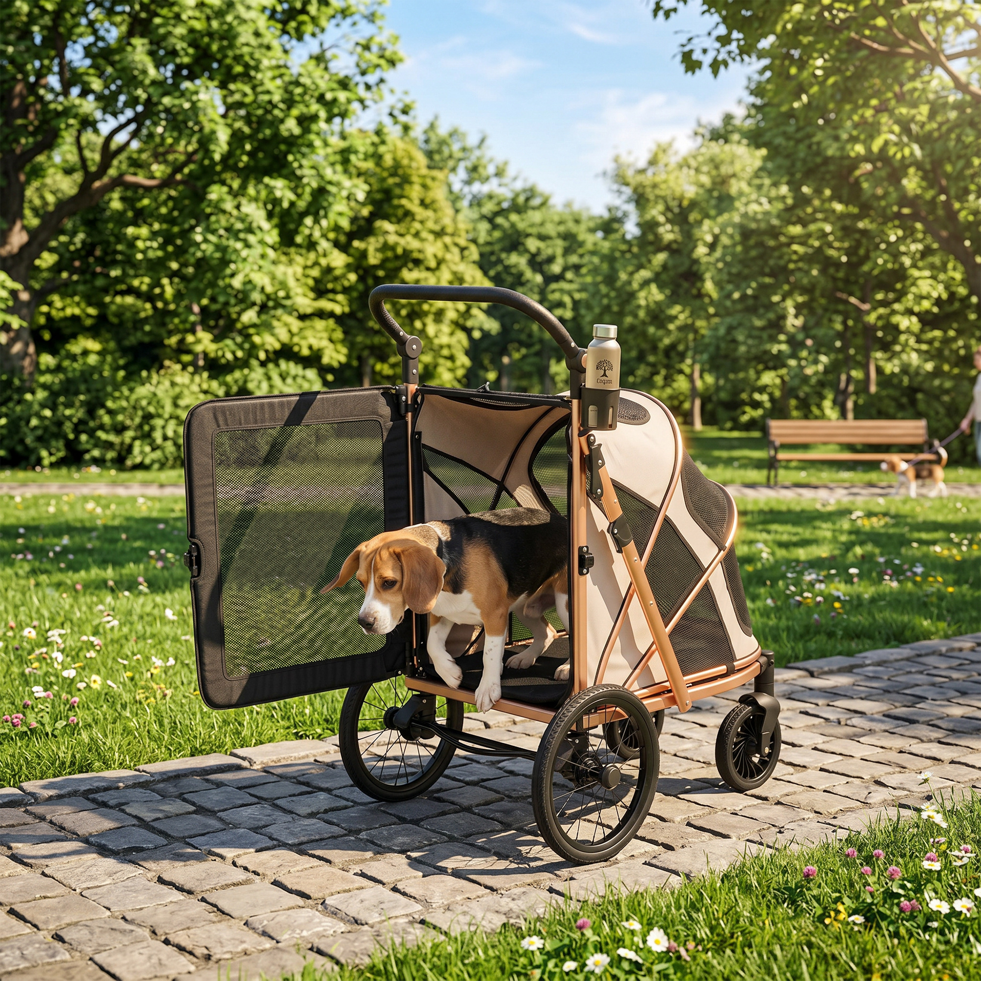Un beagle sale de un carrito para mascotas abierto en un sendero de piedra.