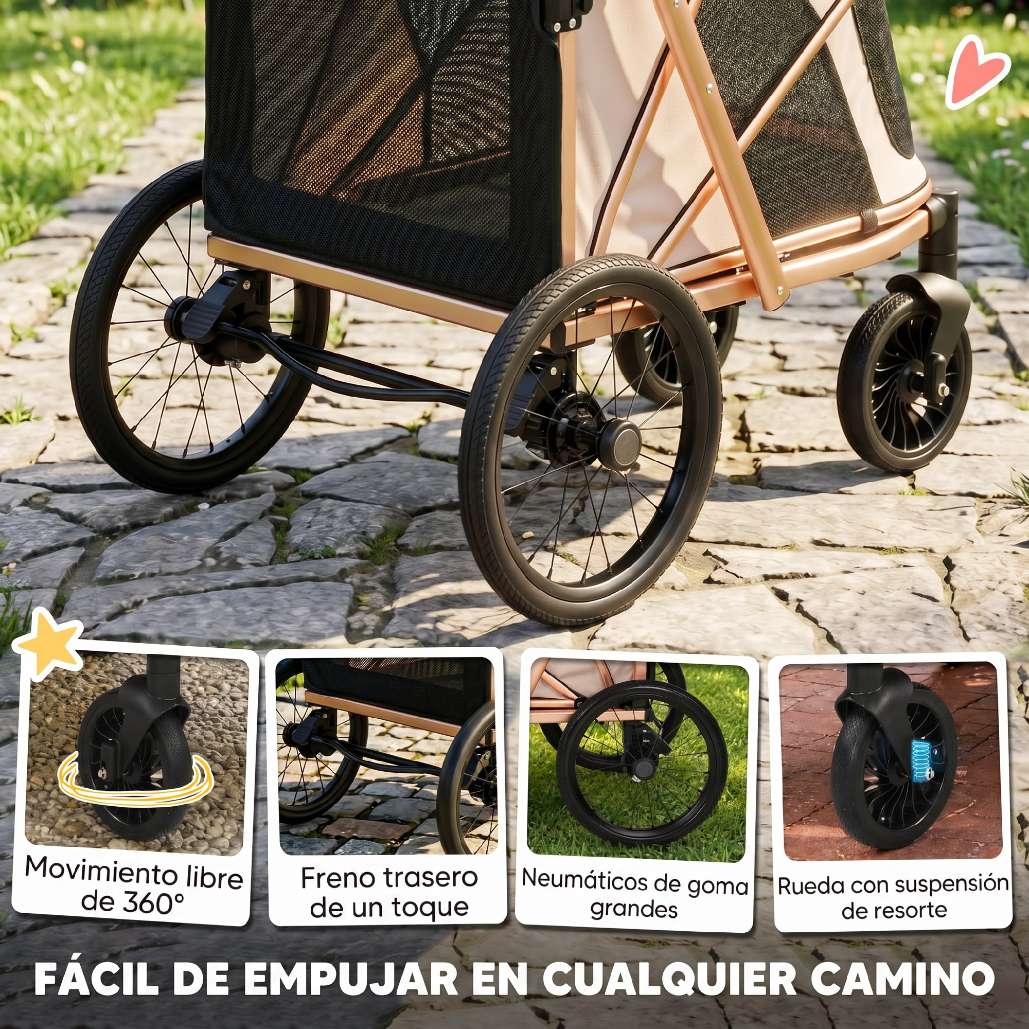 Un carrito para mascotas en oro rosa con ruedas grandes en un camino de piedra, con cuatro imágenes de características abajo.