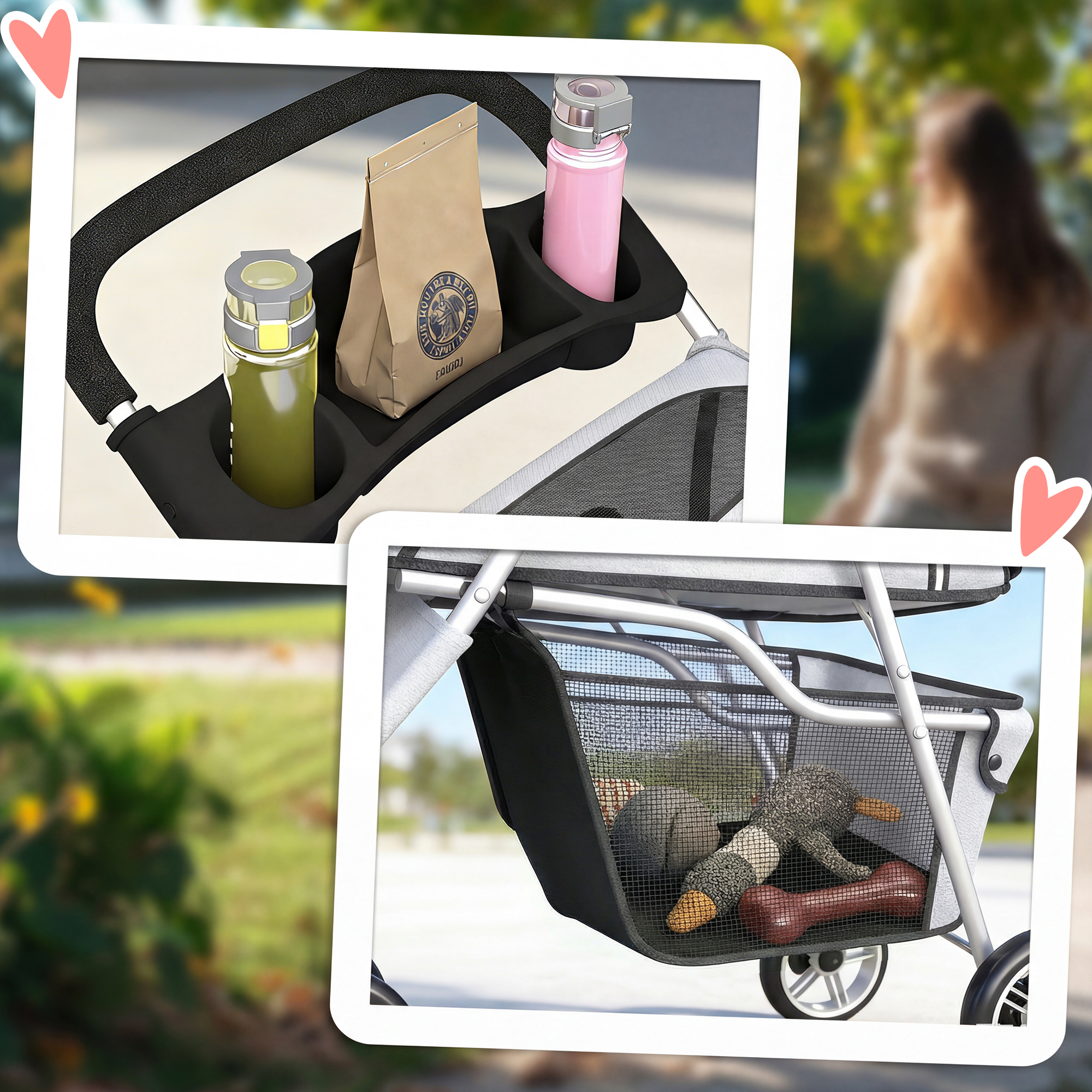 Organizador de cochecito con botellas y bolsa de aperitivos, y cesta de almacenamiento inferior con juguetes para perros.
