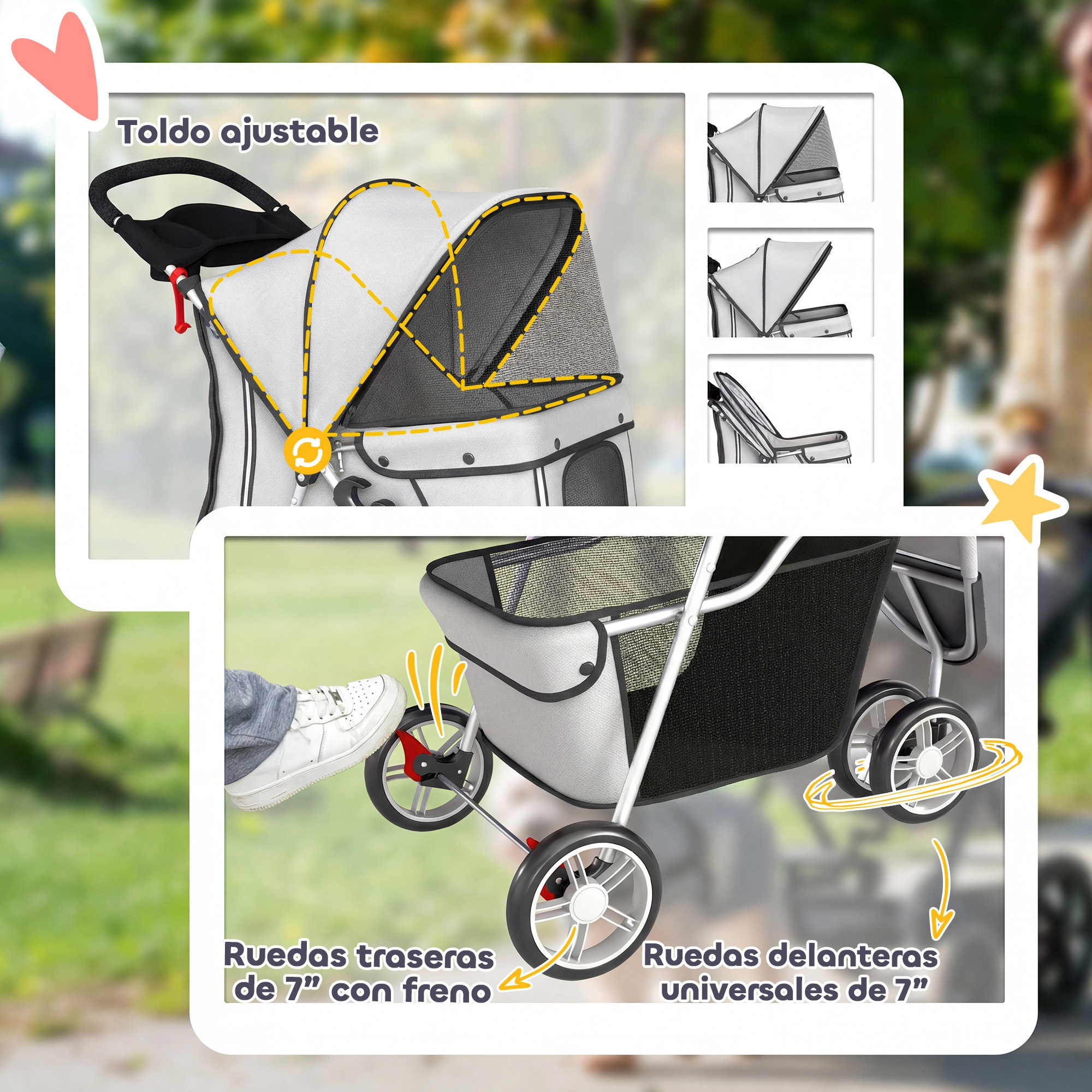 Cochecito para mascotas con capota ajustable y ruedas de 7 pulgadas con freno.