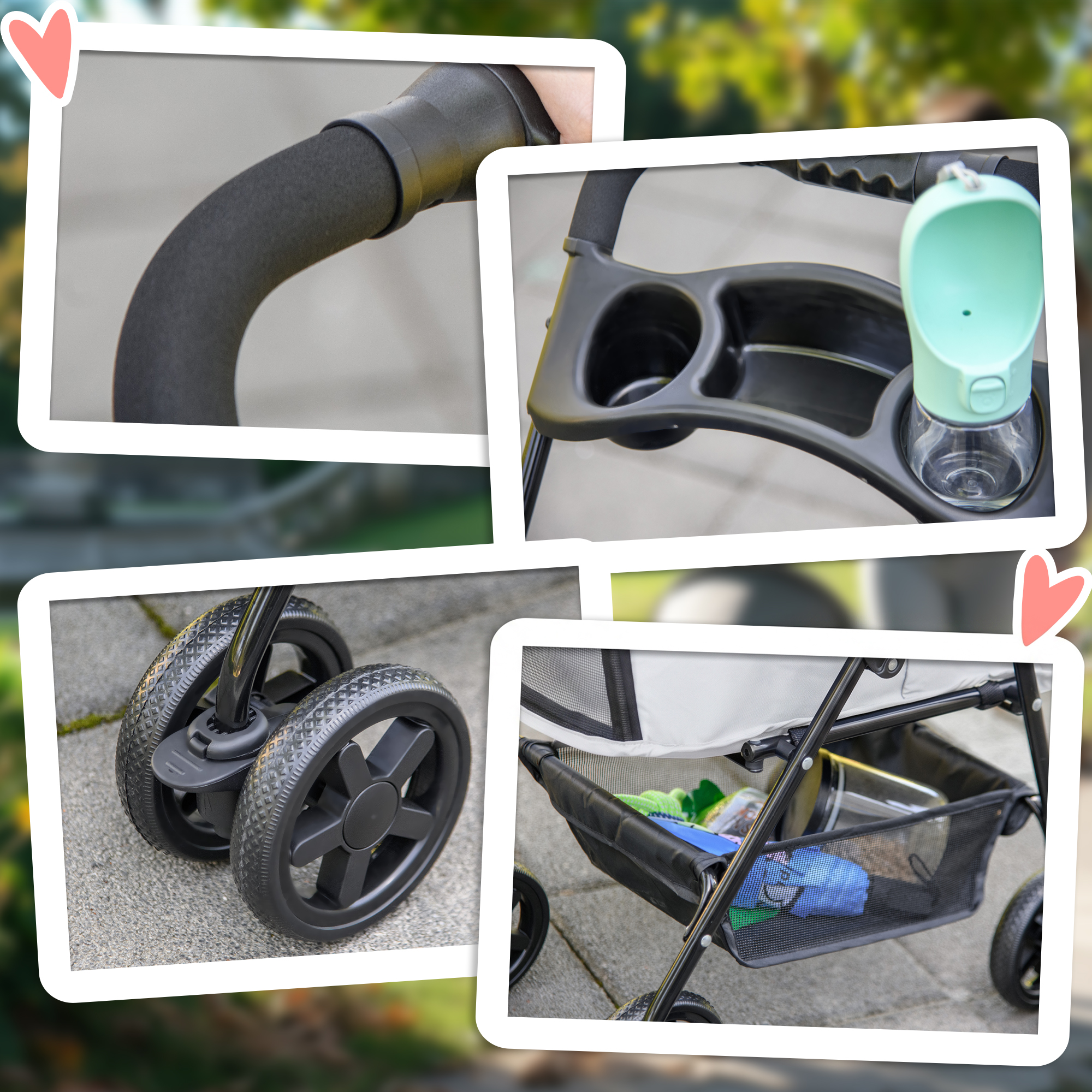 Collage que muestra detalles del carrito: manillar, portavasos con botella, ruedas dobles y cesta.