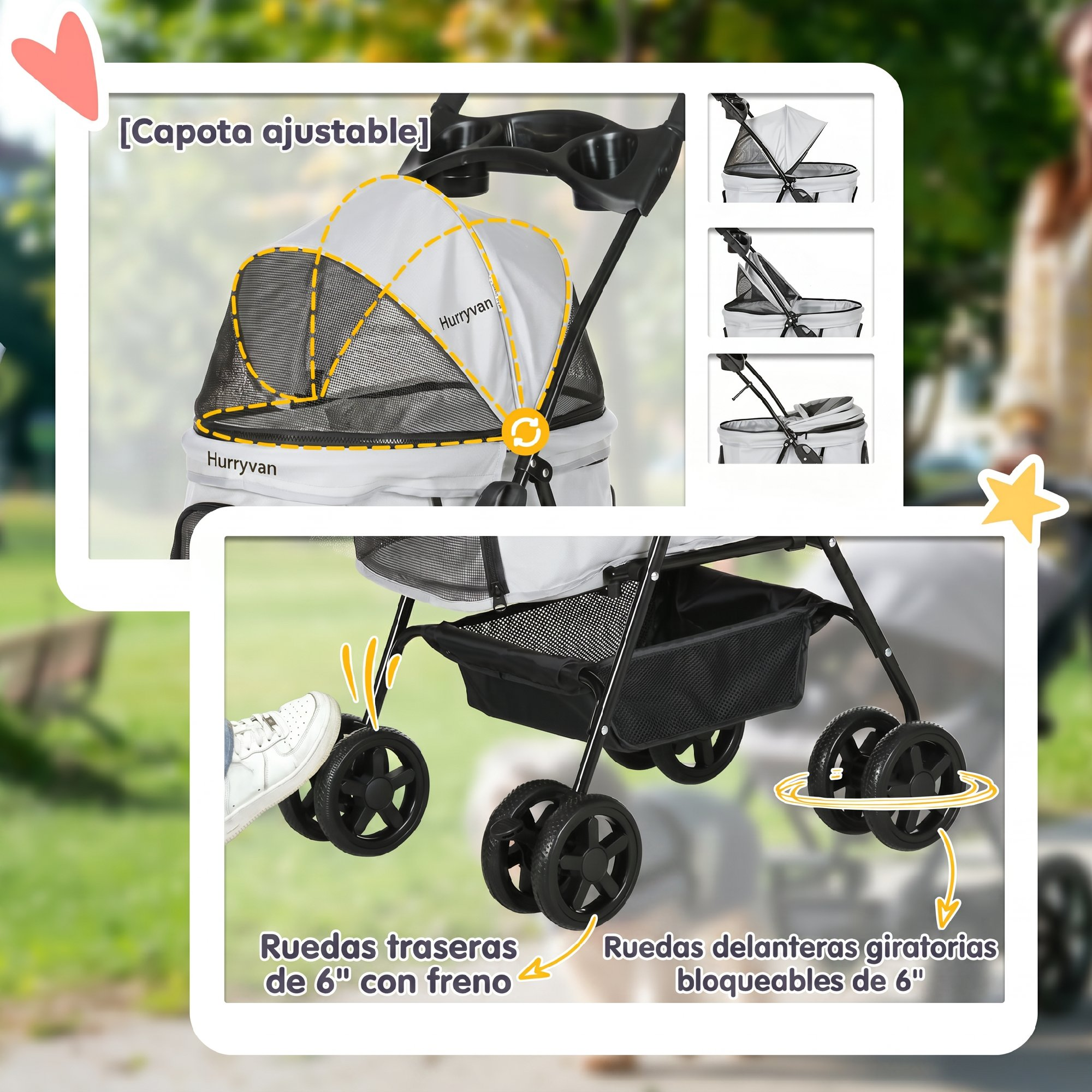 Cochecito gris para mascotas con capota ajustable, cesta, frenos y ruedas giratorias en un parque.