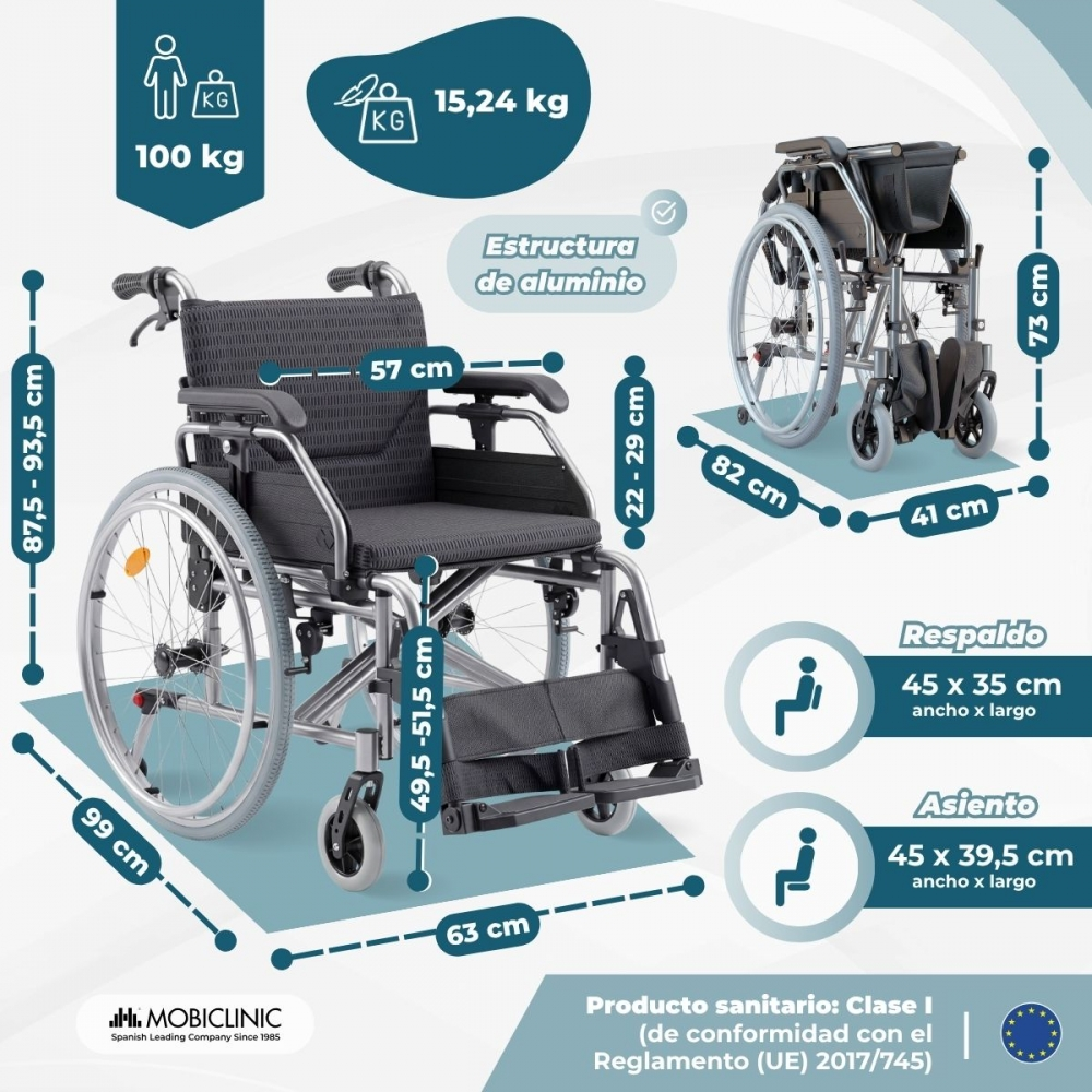 Silla de ruedas de aluminio con dimensiones, peso y vista plegada sobre fondo azul.
