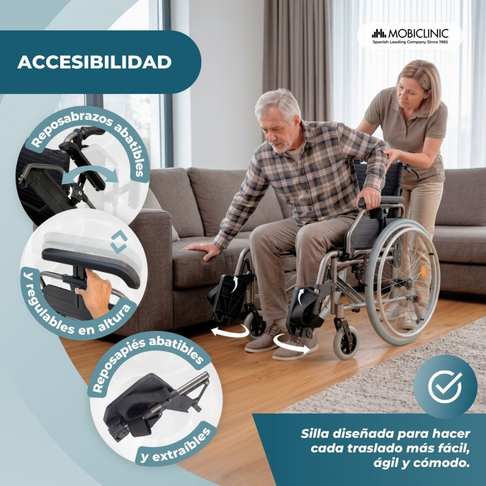 Una cuidadora ayuda a un anciano a levantarse de una silla de ruedas, destacando funciones accesibles.