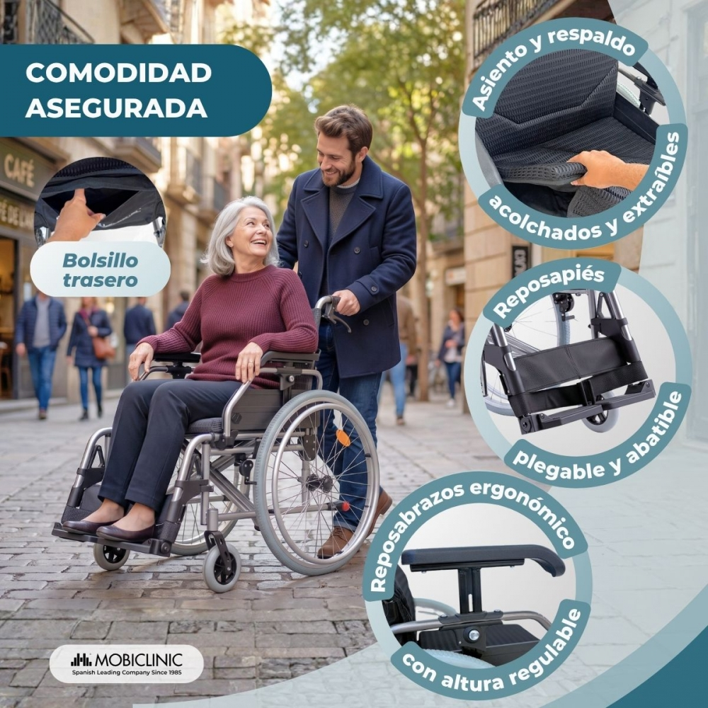 Un hombre empuja a una mujer mayor sonriente en silla de ruedas por una ciudad, con detalles de características.