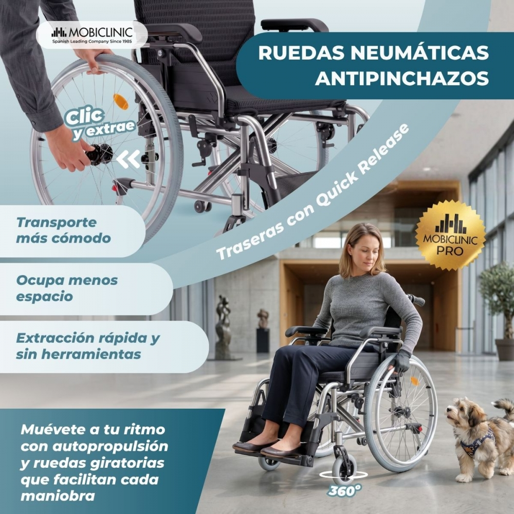 Mujer en silla de ruedas con perro, gráfico muestra ruedas extraíbles.