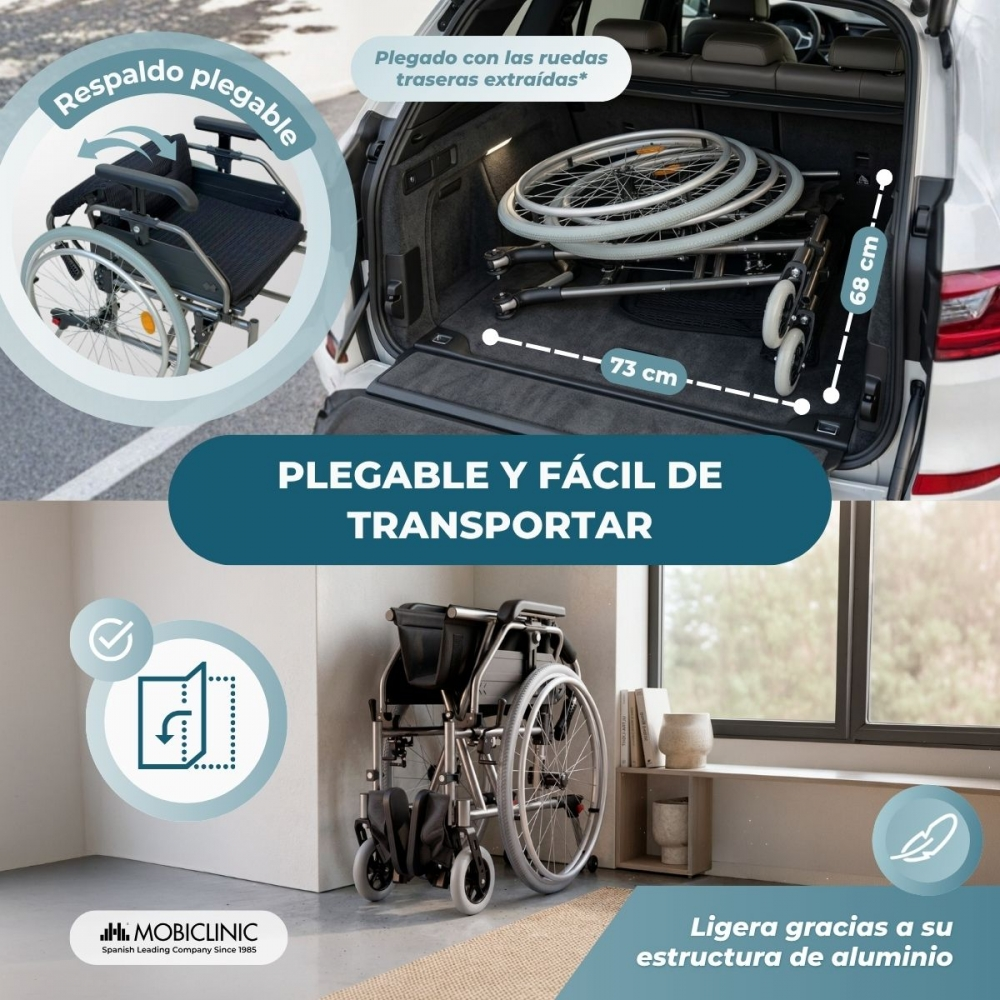 Una silla de ruedas plegable cabe en un maletero, con iconos que destacan sus características.