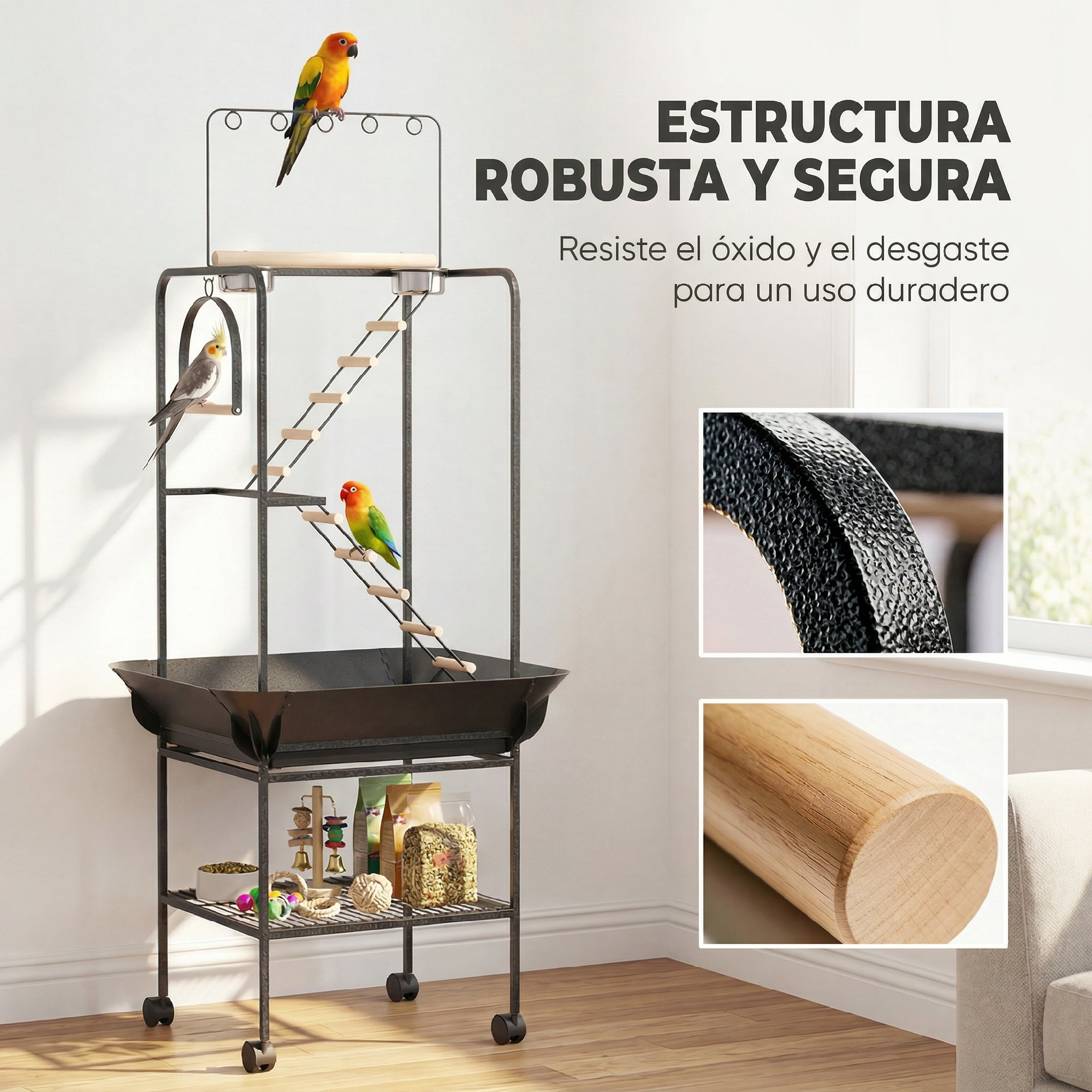 Un soporte de juegos para pájaros con ruedas, escaleras, perchas, tres aves y estante inferior con accesorios.