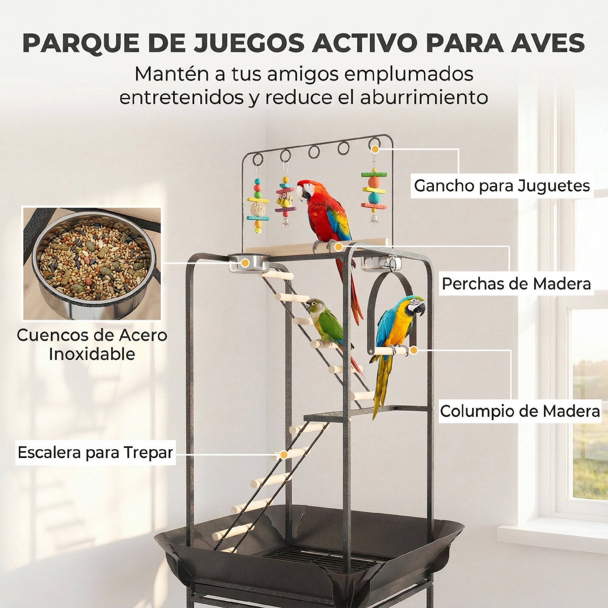 Parque de juegos para aves con tres loros coloridos, perchas de madera, escaleras, juguetes y cuencos de comida.