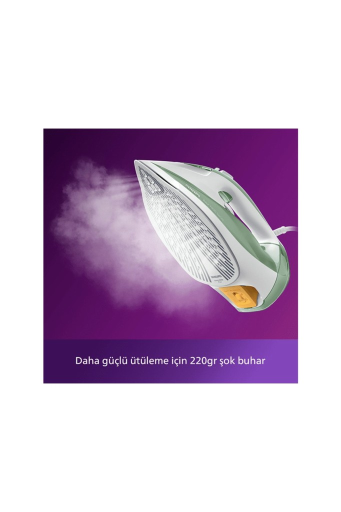 Mor arkaplan önünde buhar çıkaran beyaz ve yeşil Philips ütü ve altında Türkçe metin.