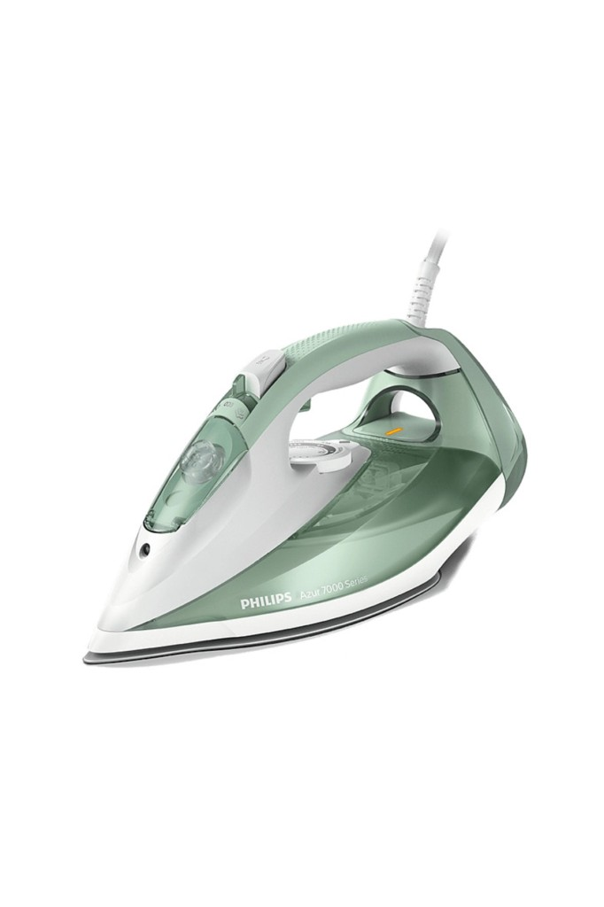 Beyaz arka planda nane yeşili ve beyaz Philips Azur 7000 Serisi buharlı ütü.