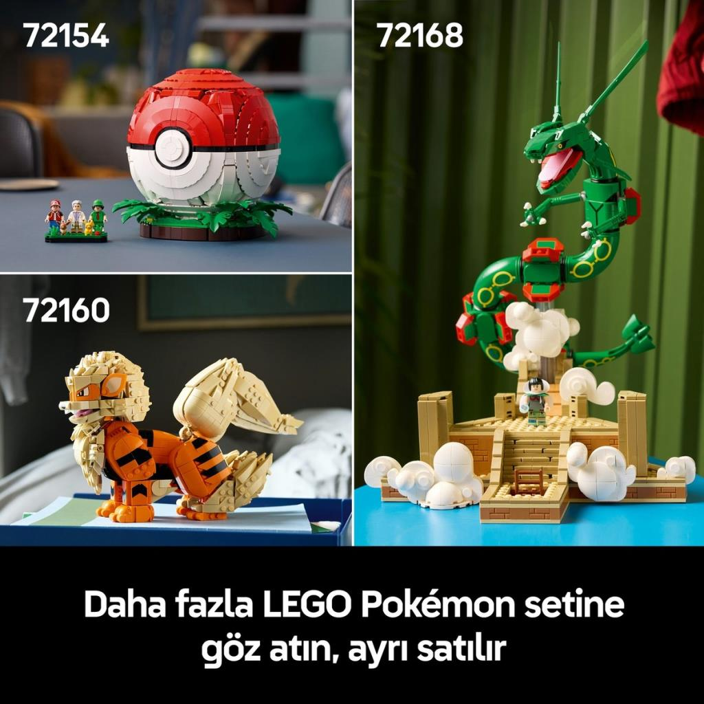 Bir Poké Topu, bir Arcanine ve bir Rayquaza içeren üç farklı LEGO Pokémon seti.
