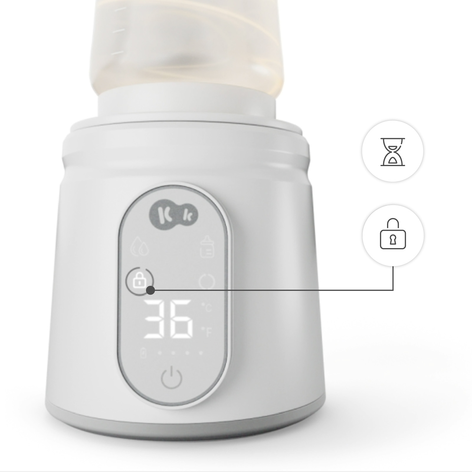 Weißer Flaschenwärmer mit digitaler Anzeige, Kindersicherungssymbol und aufgesetzter Babyflasche.