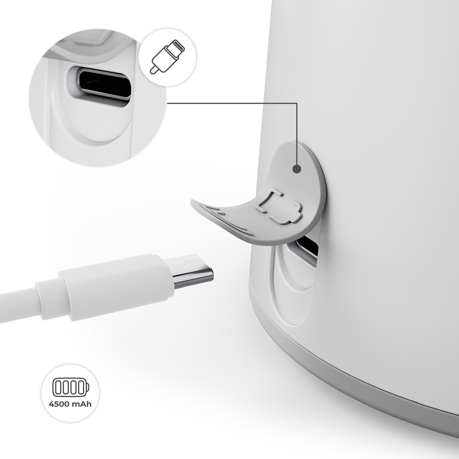 Ein weißes Gerät mit USB-C-Anschluss, offenem Silikonstopfen und Ladekabel im Vordergrund sowie 4500-mAh-Symbol.