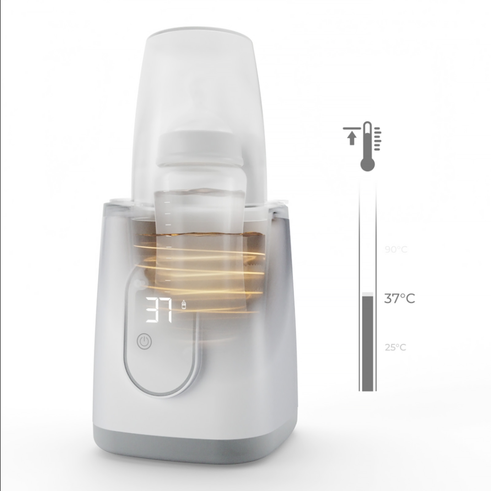 Ein weißer Babyflaschenwärmer mit digitalem Display und Thermometersymbol an der Seite.